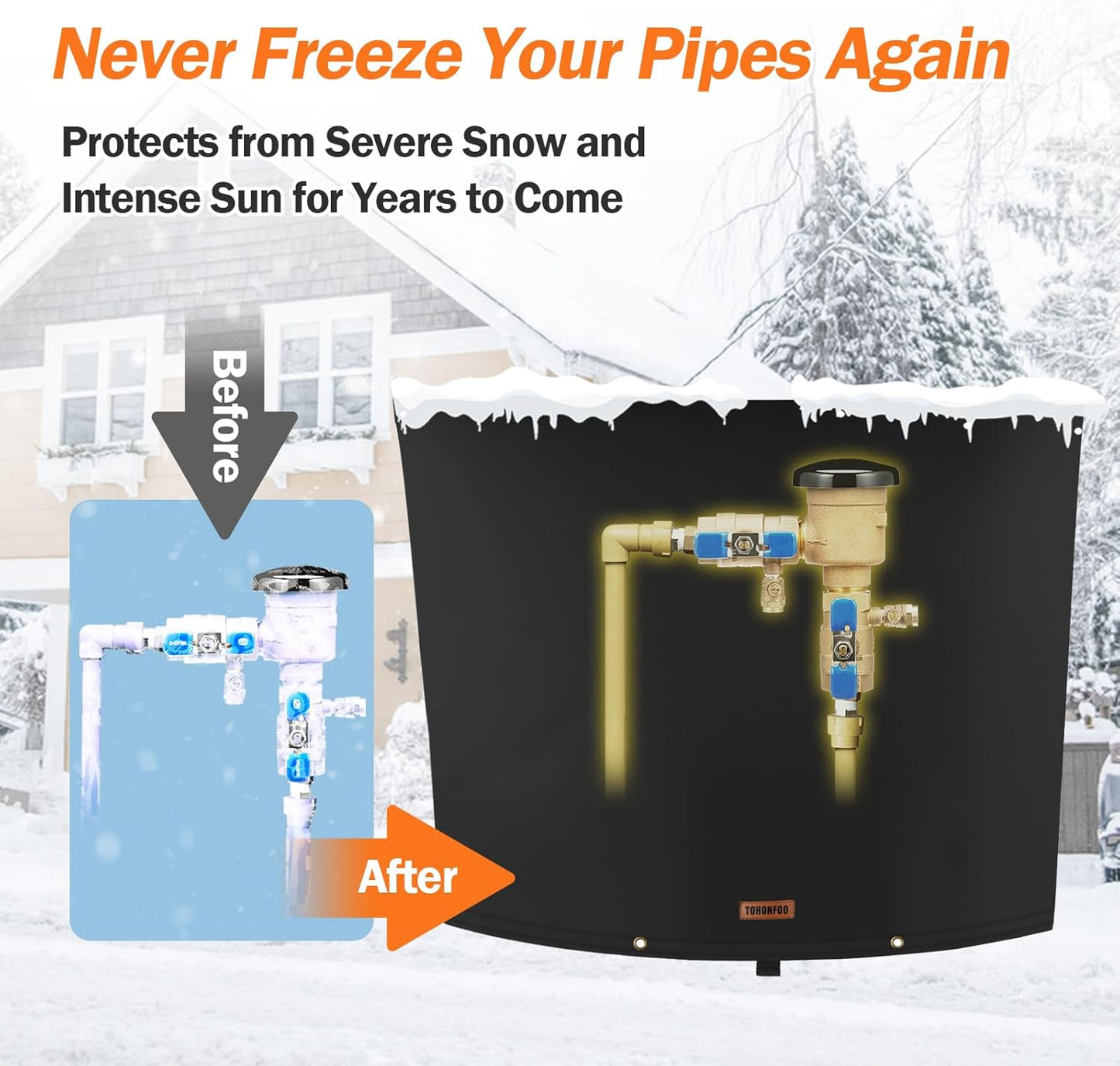 TOHONFOO Backflow Preventer Pipe Insulation Cover (5°F) - Irrigation Sprinkler Valve Insulated Pouch - Water Well Pump Cover - Sturdy 5 Layers for Winter Freeze Protection, 34" W x 24" H, Black