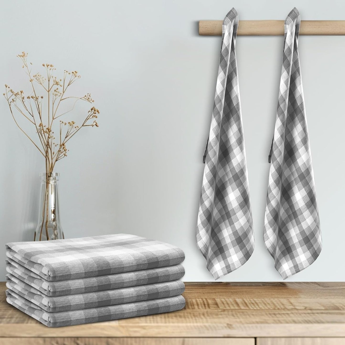 Kitchen Towels Set of 6 Grey/White Checks 20x30 Inches 100% Cotton Highly Absorbent Kitchen Towels