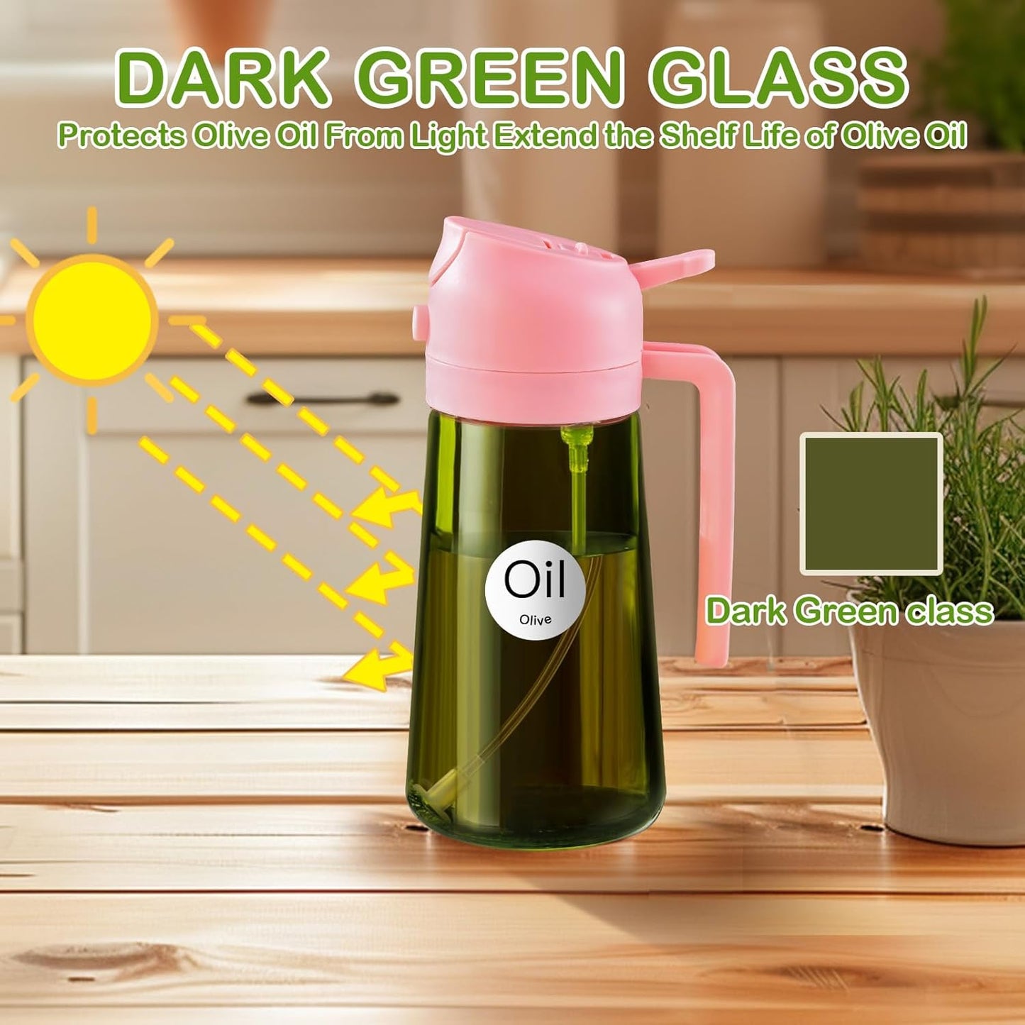 YARRAMATE 2Pcs 16oz/470ml Dark Green Oil Sprayer for Cooking with Stickers, Food-grade Premium 2 in 1 Olive Oil Dispenser Bottle for Kitchen Gadgets, Air Fryer, Salad, Frying, BBQ (Pink&Black)