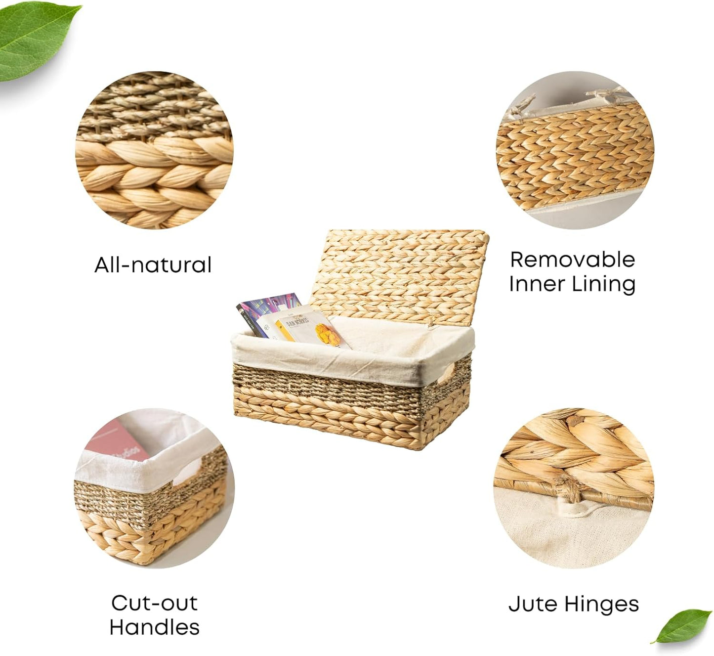 Wicker Storage Baskets with Lid and Lining, Built-in Carry Handles, Set of 2 Handwoven Water Hyacinth Storage Baskets For Organizing, Home Decoration, 2 Pack, Natural