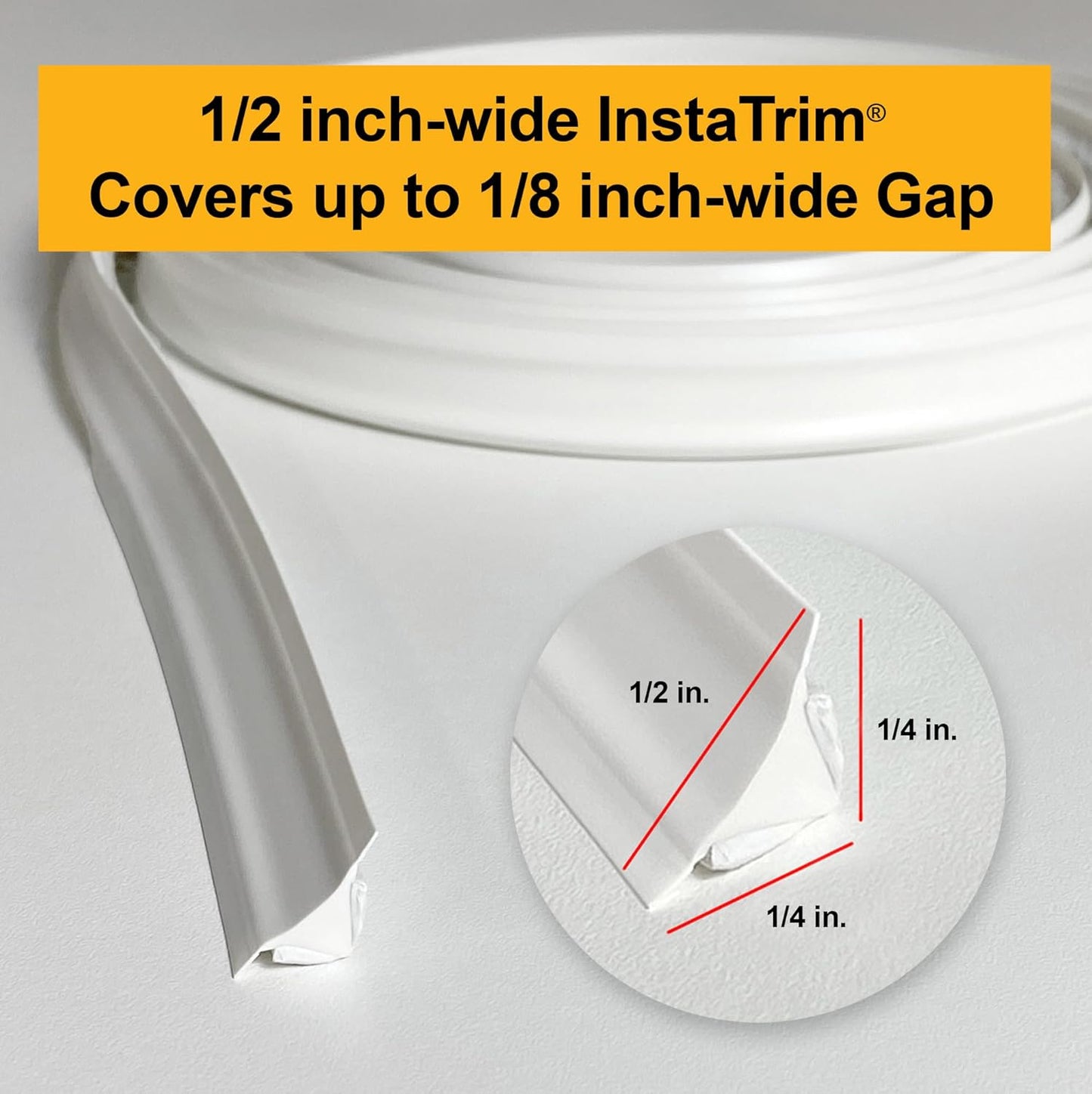 InstaTrim New & Improved Self-Adhesive Caulk Trim, 1/2" x 10', 2-Pack, Flexible, Waterproof, Stain Resistant for Bathroom, Floors, Walls, DIY Project, White