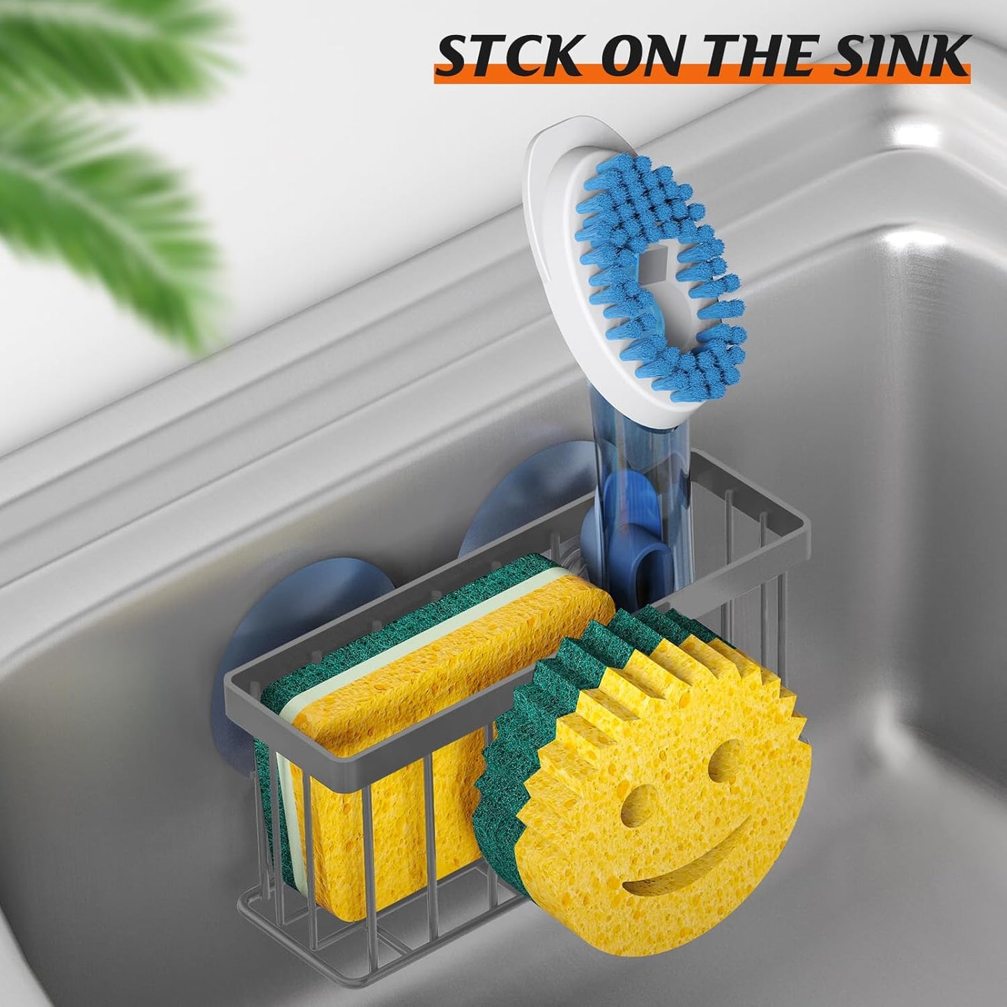 Sponge Holder Smiley Face,Sink Caddy for Kitchen Sink,Sponge Holder with 2 PCS Suction Cups/1 PCS Adhesive Strips,Designed for Sponge,Soap,Dish Brush,Scrubber-Charcoal Gray