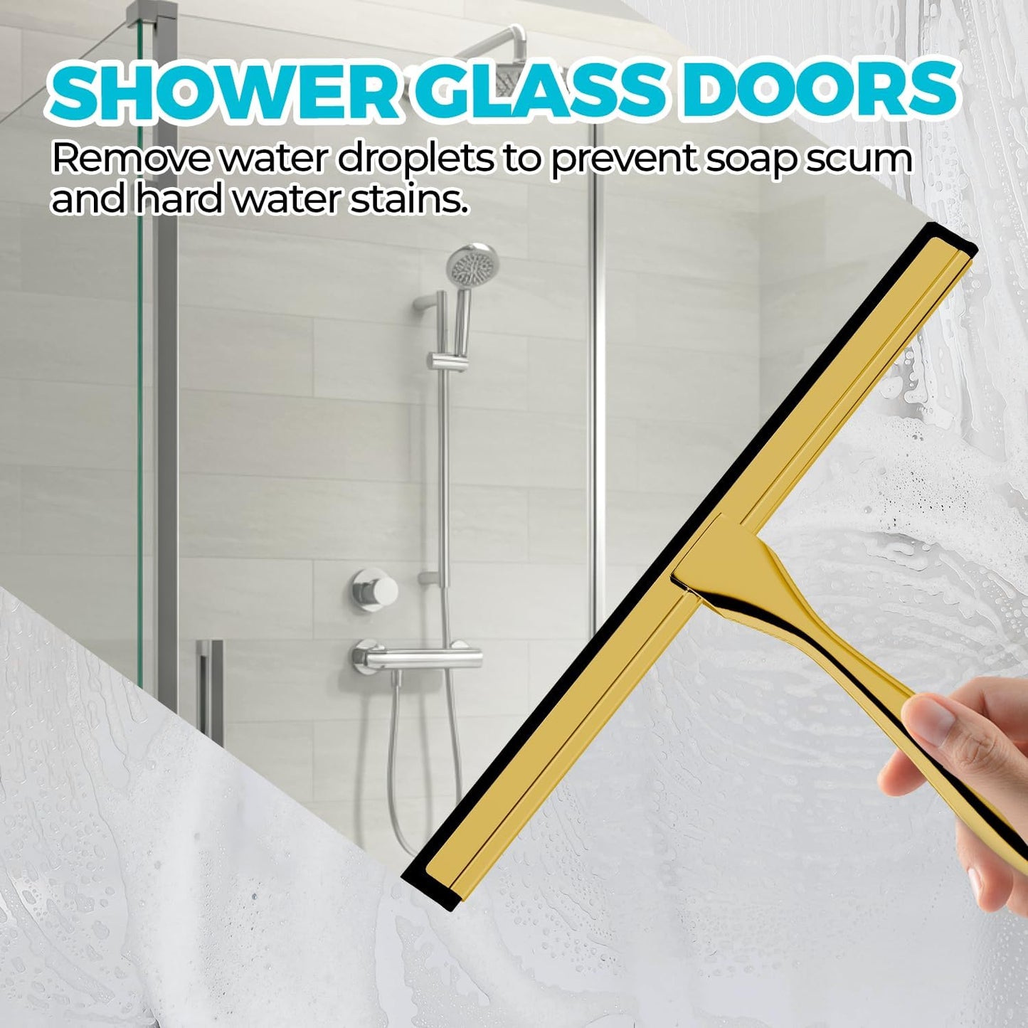 2PACK 10-Inch Golden All-Purpose Shower Squeegee for Shower Doors, Bath Linen Sets, Tile Shower Walls, Bathroom, Window, Glass and Car Windshield, Mirrors and Kitchen-Stainless Steel
