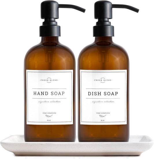 Vine Creations Amber Glass Soap Dispenser, 2 Pack Kitchen Soap Dispenser Set with Ceramic Tray, Stainless Steel Pump, Dish Soap and Hand Soap Dispensers for Bathroom Decor with Waterproof Labels
