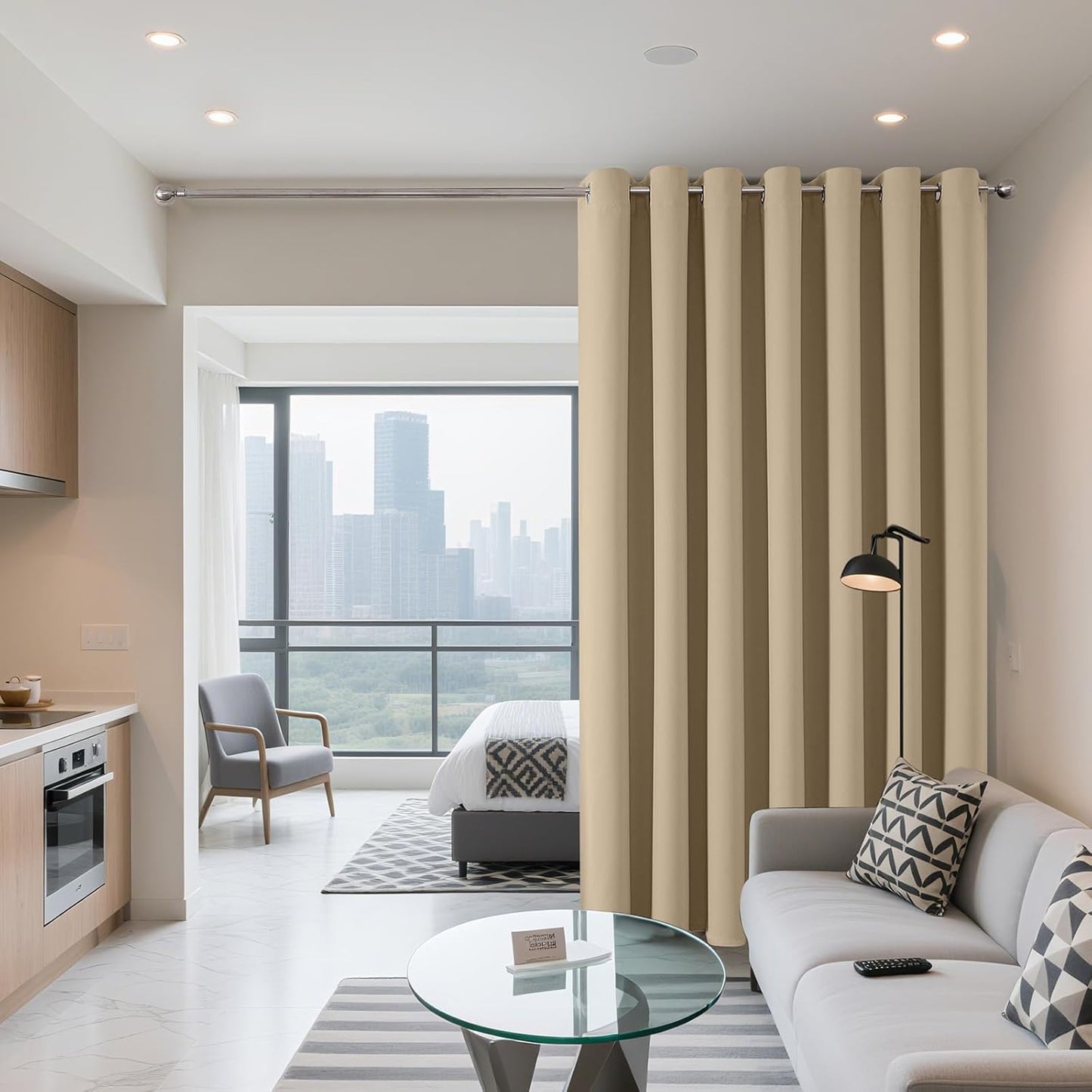 Joydeco Blackout Patio Sliding Door Curtains 96 Inches Long, Grommet Privacy Room Divider Curtains, Extra Wide Thermal Blackout Drapes for Bedroom Living Room (Light Beige, 100Wx96L, 1 Panel)