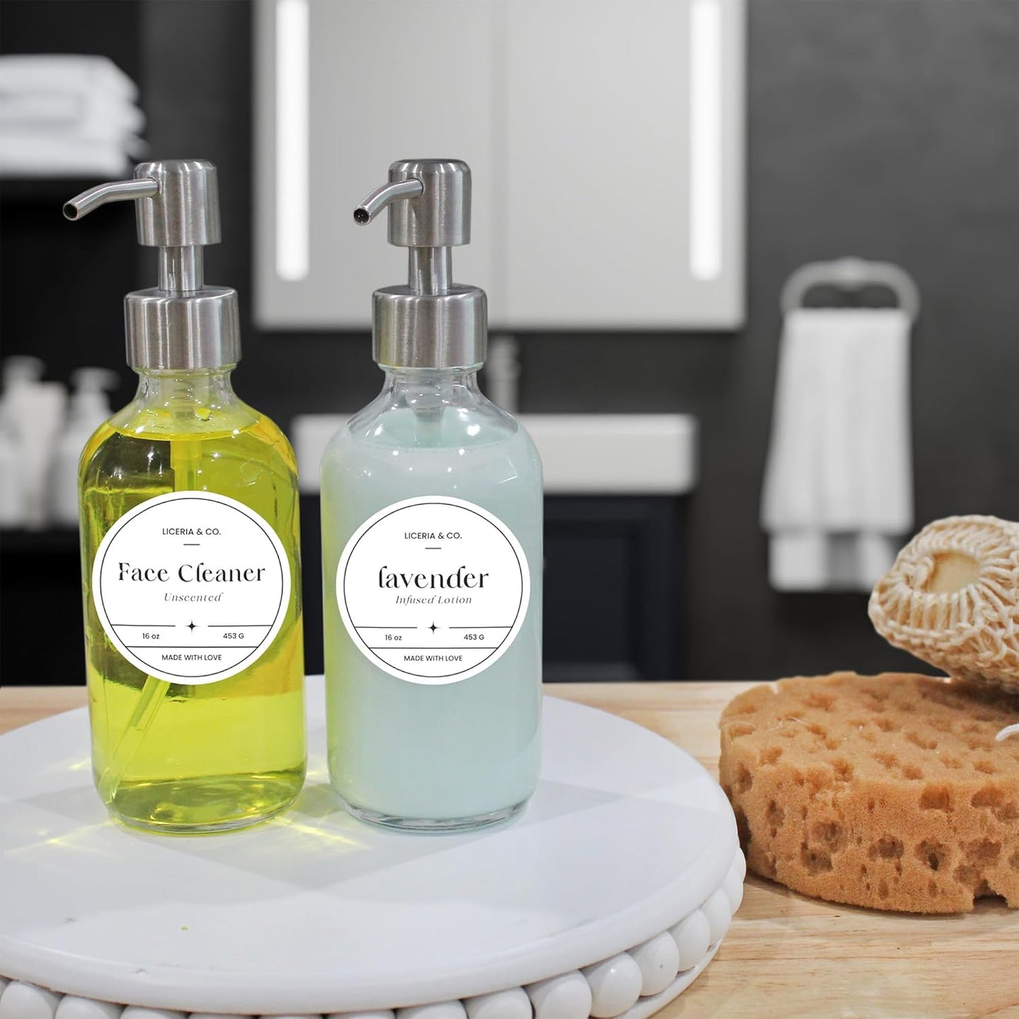 Cornucopia Brands 8-Ounce Clear Glass Boston Round Bottles w/Stainless Steel Lotion Pumps (4-Pack); Empty Refillable Liquid Soap & Lotion Bottles