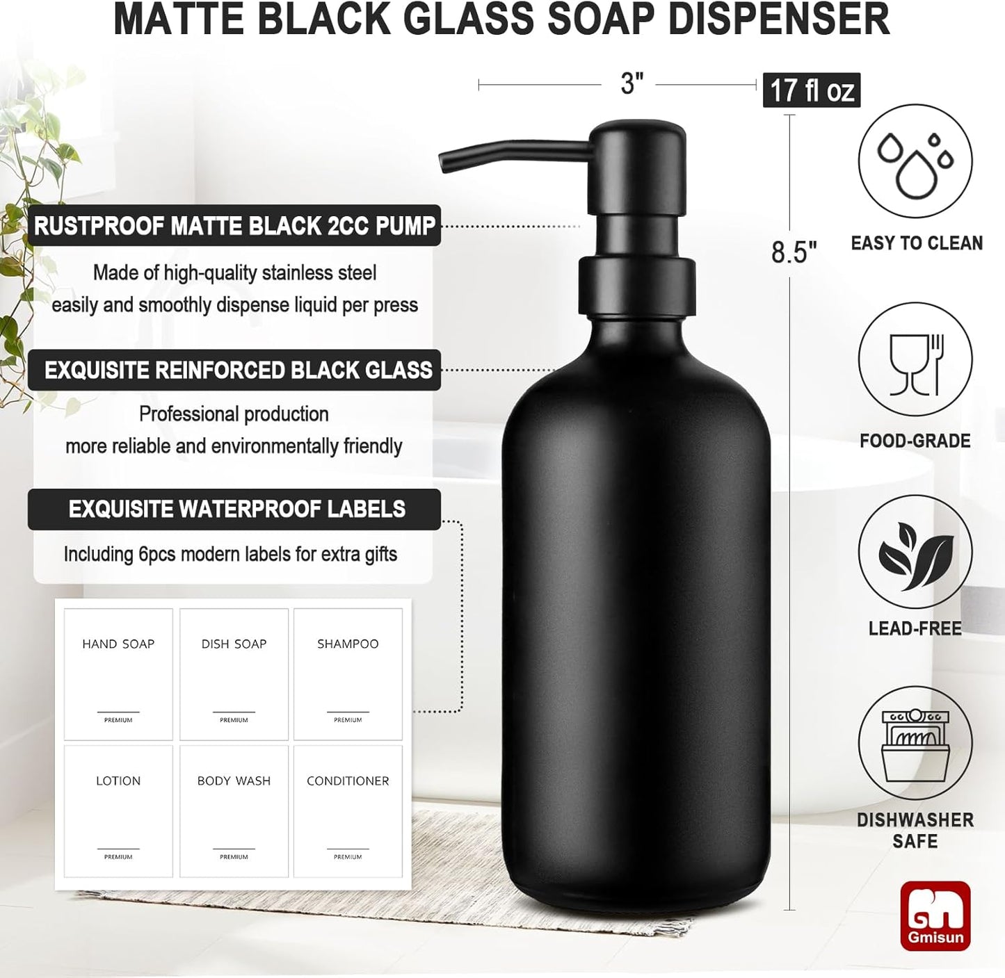 GMISUN Black Soap Dispenser, 2 Pack Matte Black Hand Soap Dispensers Bathroom with Stainless Steel Pump, 17 Fl Oz Glass Dish Soap Dispenser Set for Kitchen, Modern Liquid Soap Bottle with Labels