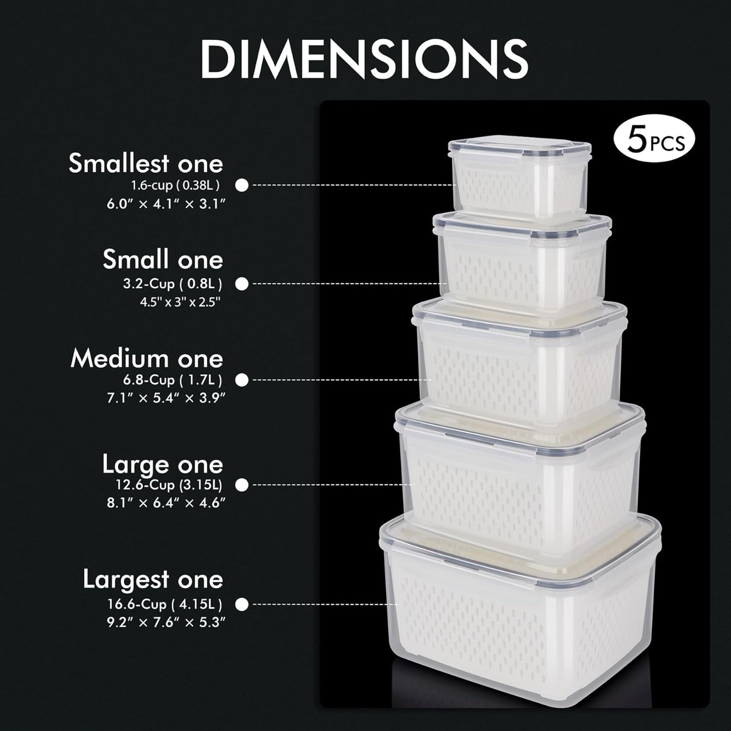 HOTEC 5-Pack Large Fruit Storage Container for Fridge Leak proof with Removable Colander, BPA Free Dishwasher & microwave safe Largest 4.15L