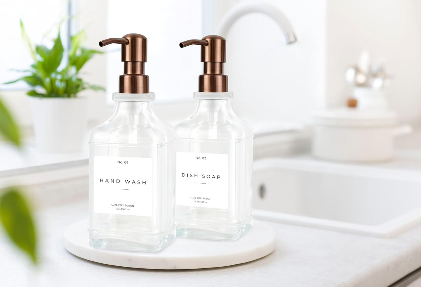 Emerson Essentials Soap Dispenser, Dish Soap Dispenser, Soap Bottle Bathroom Set, Farmhouse Stainless Steel, Kitchen Soap Dispenser Set - Glass Soap Dispenser with Pump and Labels, 16 Oz, 2 Pack