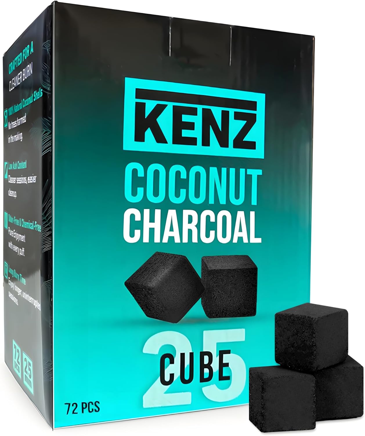 KENZ Charcoal Cubes, 25mm Low Ash Coconut Charcoal Briquettes, 100% Natural Coconut Shells, Completely Odor and Chemical Free, Enjoy a Longer Hotter Burn Time, 72 Cubes