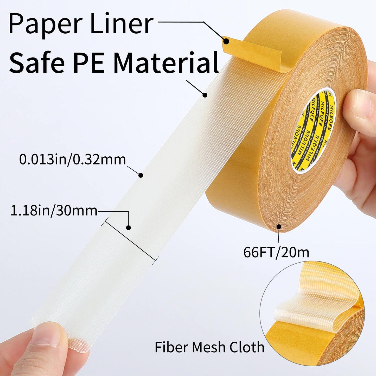 Double Sided Tape Heavy Duty, 1.18" x 66FT, Universal High Tack Strong Wall Adhesive with Fiberglass Mesh, Super Sticky Resistente Clear Tape, Easy Use Mounting Tape Office Decor