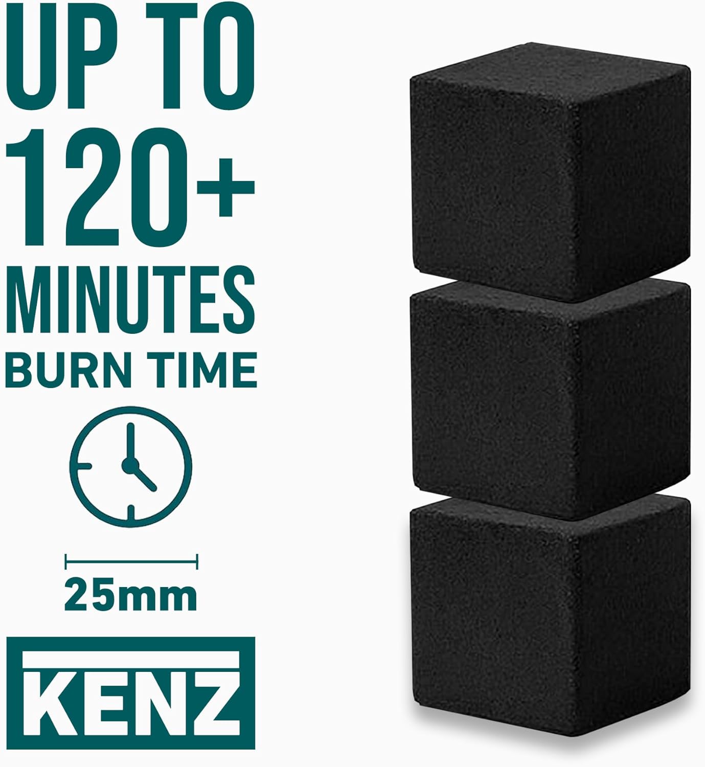 KENZ Charcoal Cubes, 25mm Low Ash Coconut Charcoal Briquettes, 100% Natural Coconut Shells, Completely Odor and Chemical Free, Enjoy a Longer Hotter Burn Time, 72 Cubes