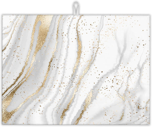 White Gold Marble Dish Drying Mats 18x24 Inch, Dish Pad Drying Rack Mat for Kitchen Counter Ultra Absorbent Microfiber Dishware Coffee Maker Bar Countertop Decor