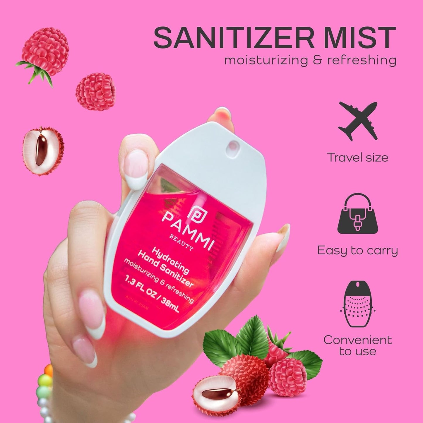 PAMMI Power Mist Hydrating Hand Sanitizer Spray, Portable Travel Size Pocket Hand Sanitizer, Scented Handsanitizer Mini Spray For Car - 600 Sprays (2 Packs (Raspberry Lychee))
