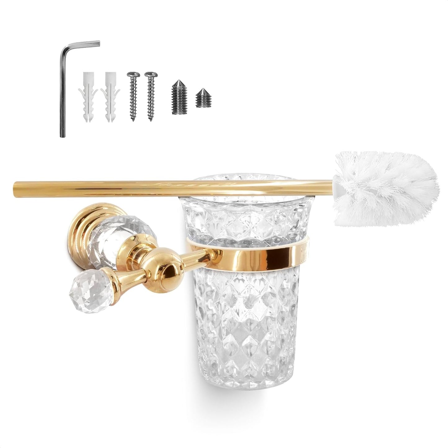 Gold Stainless Steel Toilet Brush with Crystal Toilet Brush Holder Set – Wall Mounted Holder, Replaceable Head, Decorative Space-Saving Design Bathroom Toilet Accessory Elegant Toilet Bowl Cleaner Set