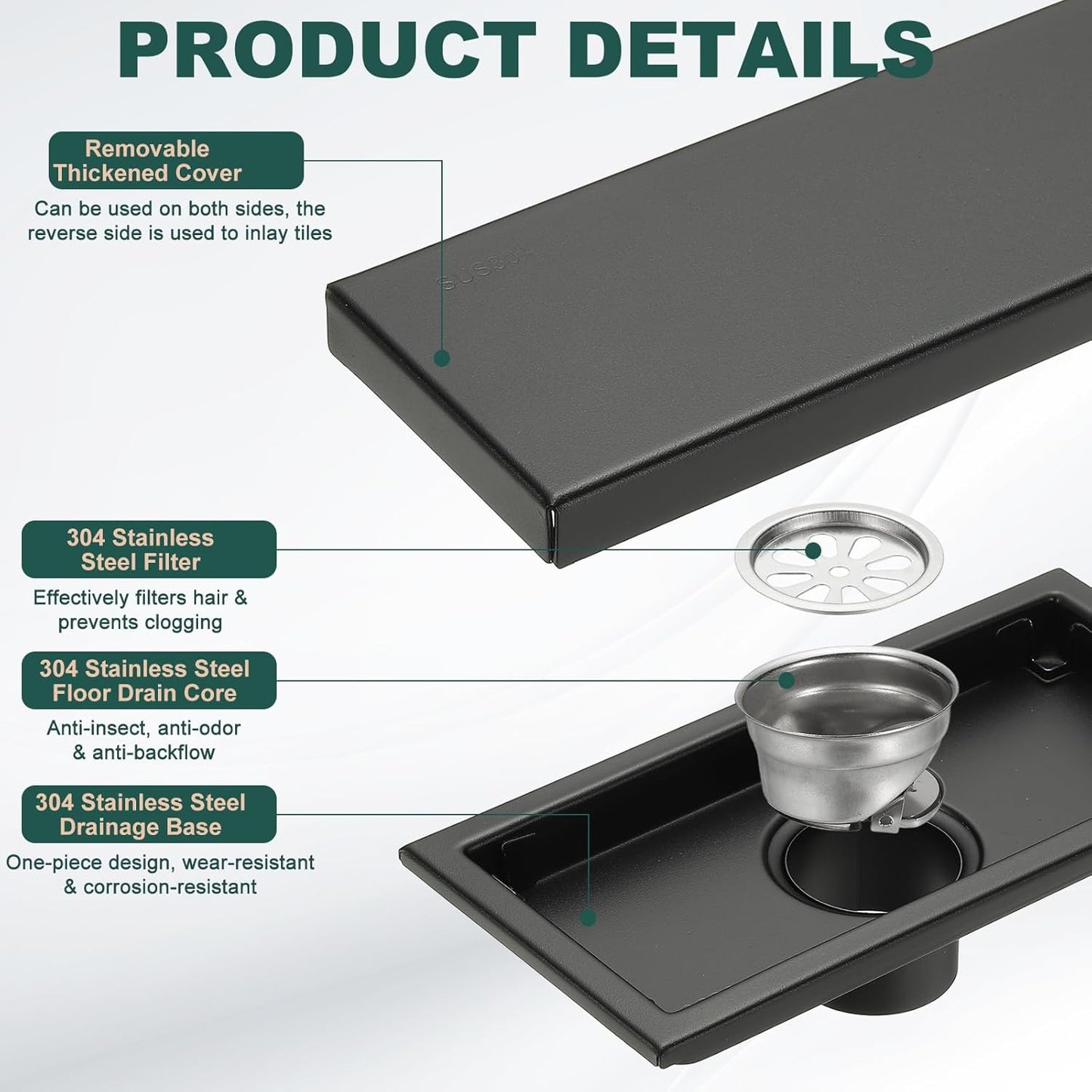 uxcell Rectangular Shower Drain, Brushed 304 Stainless Steel Odor-Proof Floor Drain Linear Shower Drain Hair Catcher for Bathroom Kitchen and Laundry Room(8 Inch, Black)