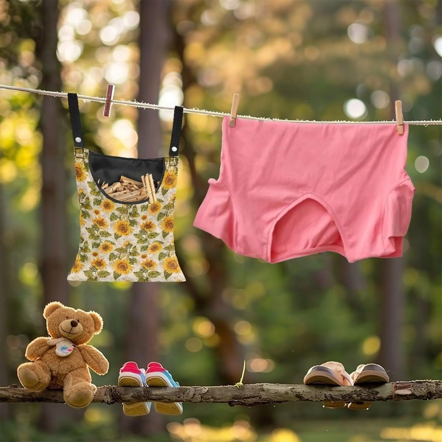 Sunflower Clothespin Organizer Bag with Hanging Hook Waterproof Clothes Pin Storage with Large Opening for Clothesline Outdoor