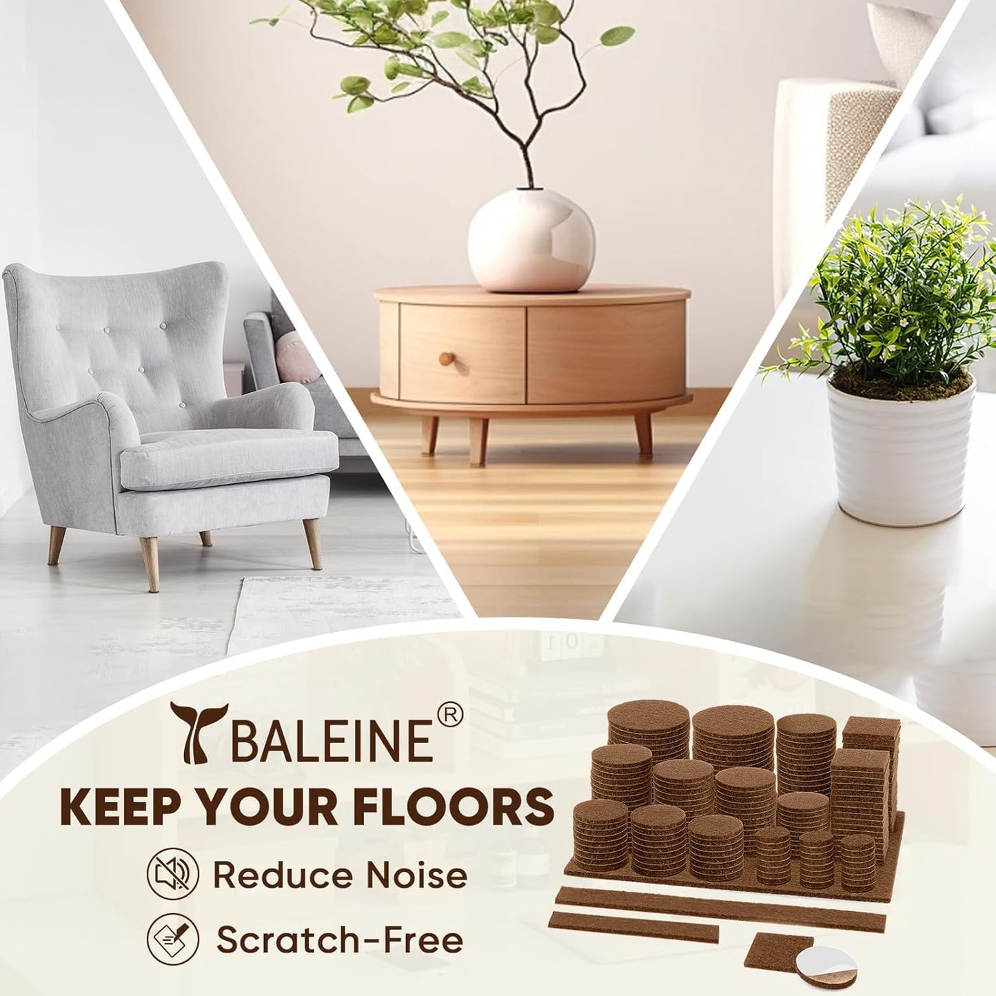 BALEINE 141PCS Felt Furniture Pads, Multi-Size Felt Pads for Chair Legs, Tables, Beds, Scratch-Reducing Floor Protectors for Hardwood Floors, Tile, Vinyl, and Laminate (141PCS, Brown)