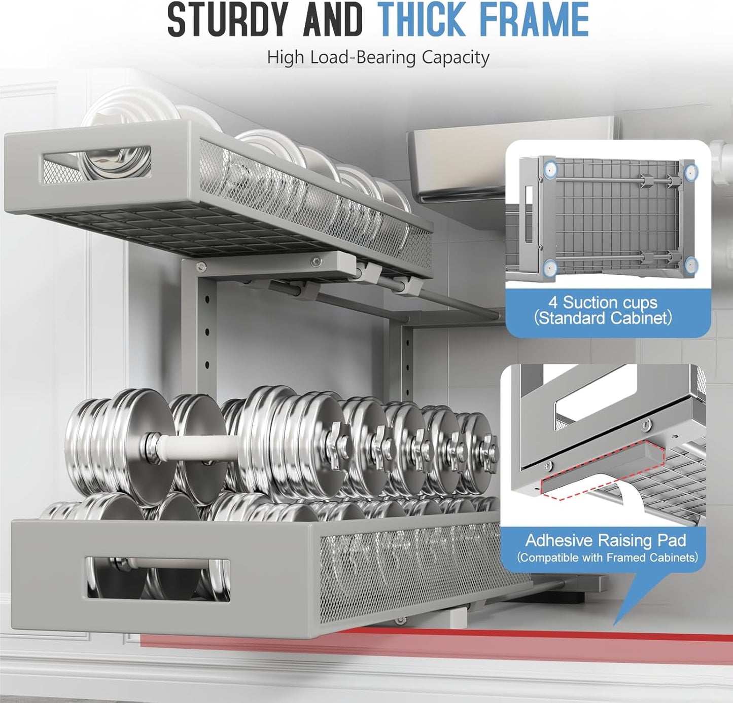 1 Pack 19IN Depth Under Sink Storage Organizer, Large 2-Tier Elegant Mesh Pull Out Shelf for Kitchen and Bathroom Cabinet Organization, L-Shaped and Adjustable Height Design-Gun Gray