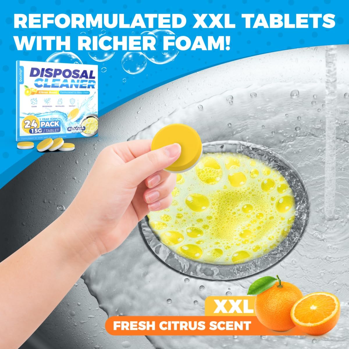 Qucship Powerful XXL Foaming Garbage Disposal Cleaner and Deodorizer Tablets - 24 Pack, Citrus Scent Garbage Disposal Cleaner, Sink Drain Clean for 1 Year Kitchen, House, Home Cleaning Essentials