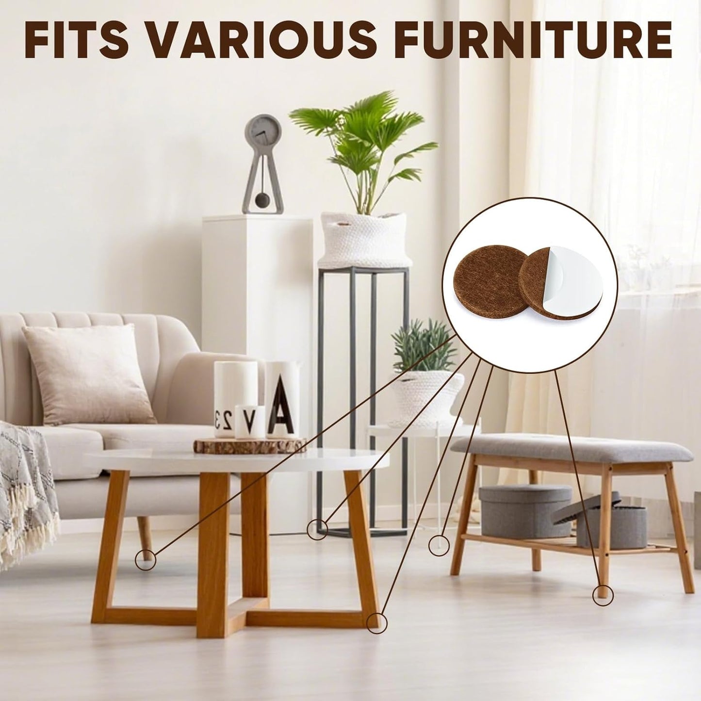 BALEINE 300PCS Felt Furniture Pads, Multi-Size Felt Pads for Chair Legs, Tables, Beds, Scratch-Reducing Floor Protectors for Hardwood Floors, Tile, Vinyl, and Laminate (300PCS, Brown)