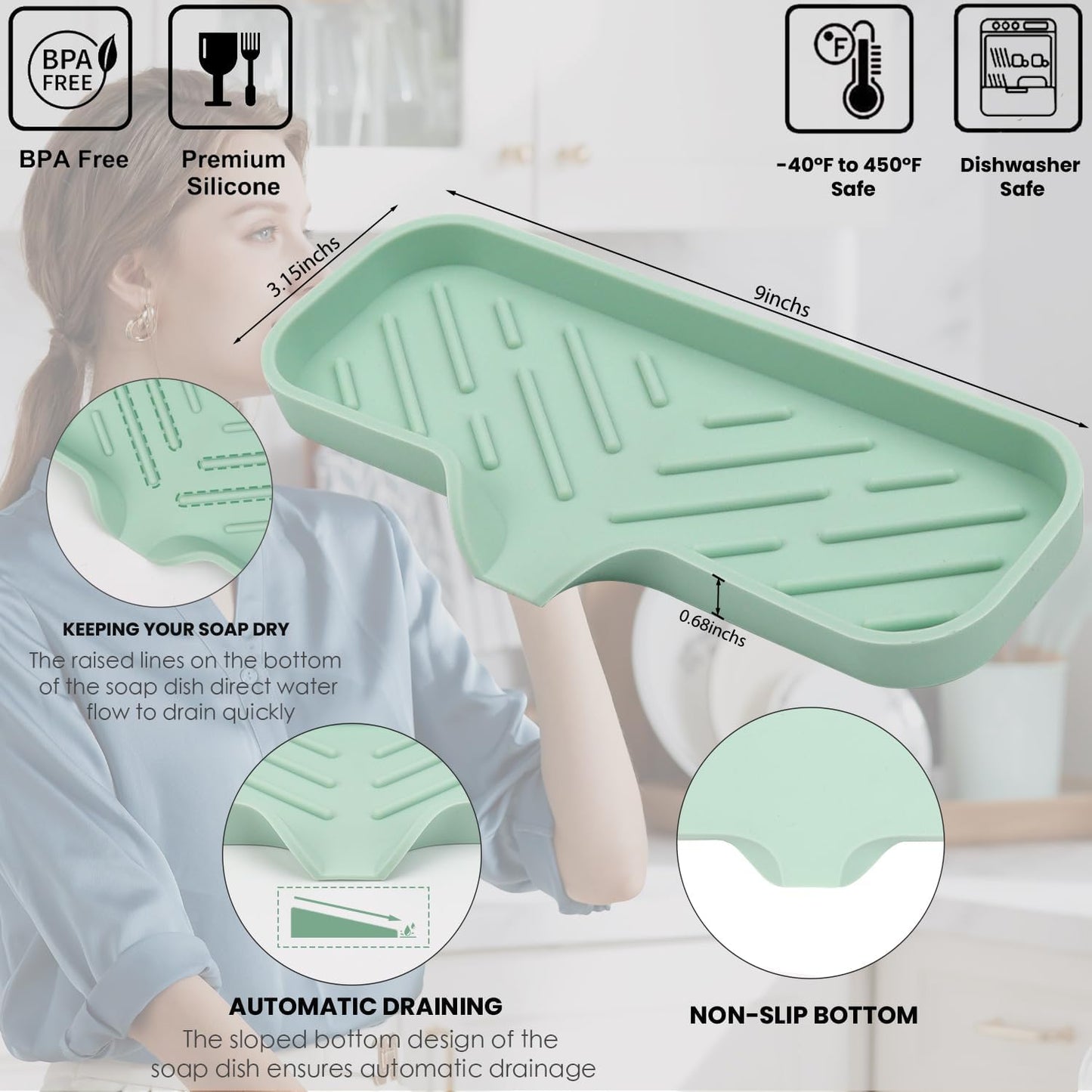 YASMEN Silicone Bathroom Soap Dishes, Sink Sponge Holder for Kitchen, Rubber Soap Dish with Drain, Shower Soap Sponge Tray, Sink or Counter Organizer, for Bar Soap, Bottle, Dish Soap Dispenser- Green