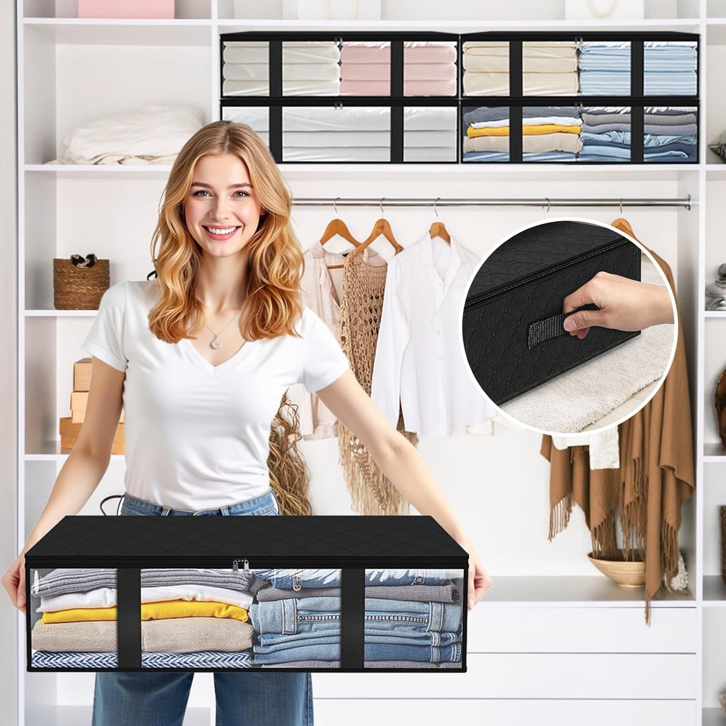 StorageRight Under Bed Storage Bins, 2-Pack 40L Foldable Fabric Storage Bags with Transparent Window, Breathable Organizer for Clothes/Blanket/Comforter/Quiltr, Black