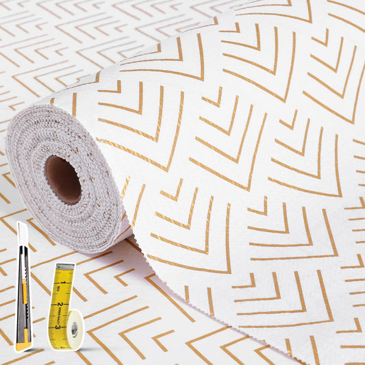 Shelf Liner for Kitchen Cabinets Non Adhesive Drawer Liner Non-Slip Thickened Shelf Liner Paper Strong Easy to Clean for Tool Box Refrigerator with Knife and Tape Measure, Gold Arrow,23.6 x 354.3 in