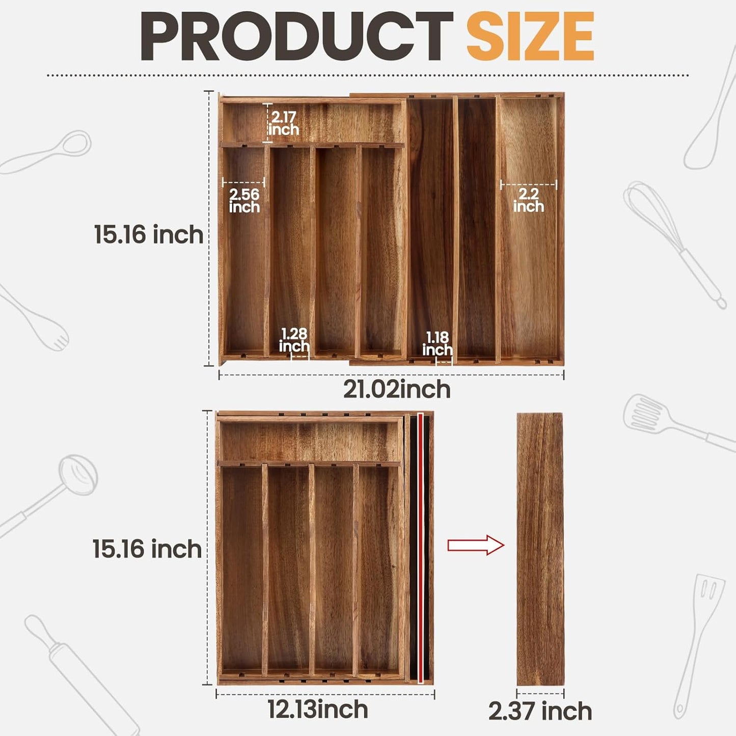 Acacia Wood Silverware Drawer Organizer, 21 Inch Adjustable Cutlery Tray for Kitchen Utensils, Silverware Flatware Storage Box with 5 Detachable Dividers(8-Compartment)