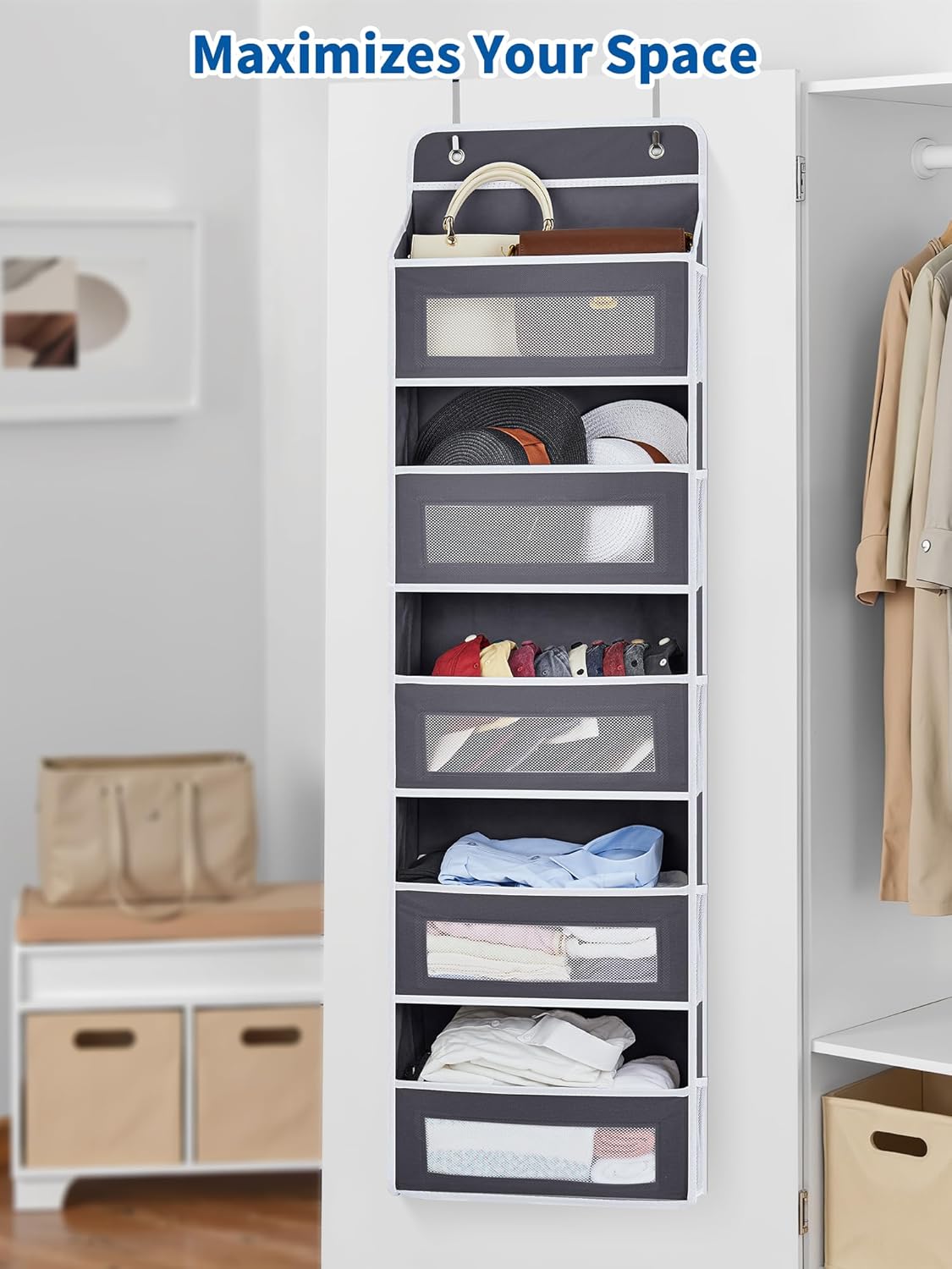 JARLINK Over The Door Organizer, 5 Shelf Door Hanging Organizer with 5 Large Pockets, 44 lbs Weight Capacity Hanging Storage for Bathroom, Bedroom, Nursery, RV, Pantry (Dark Grey)