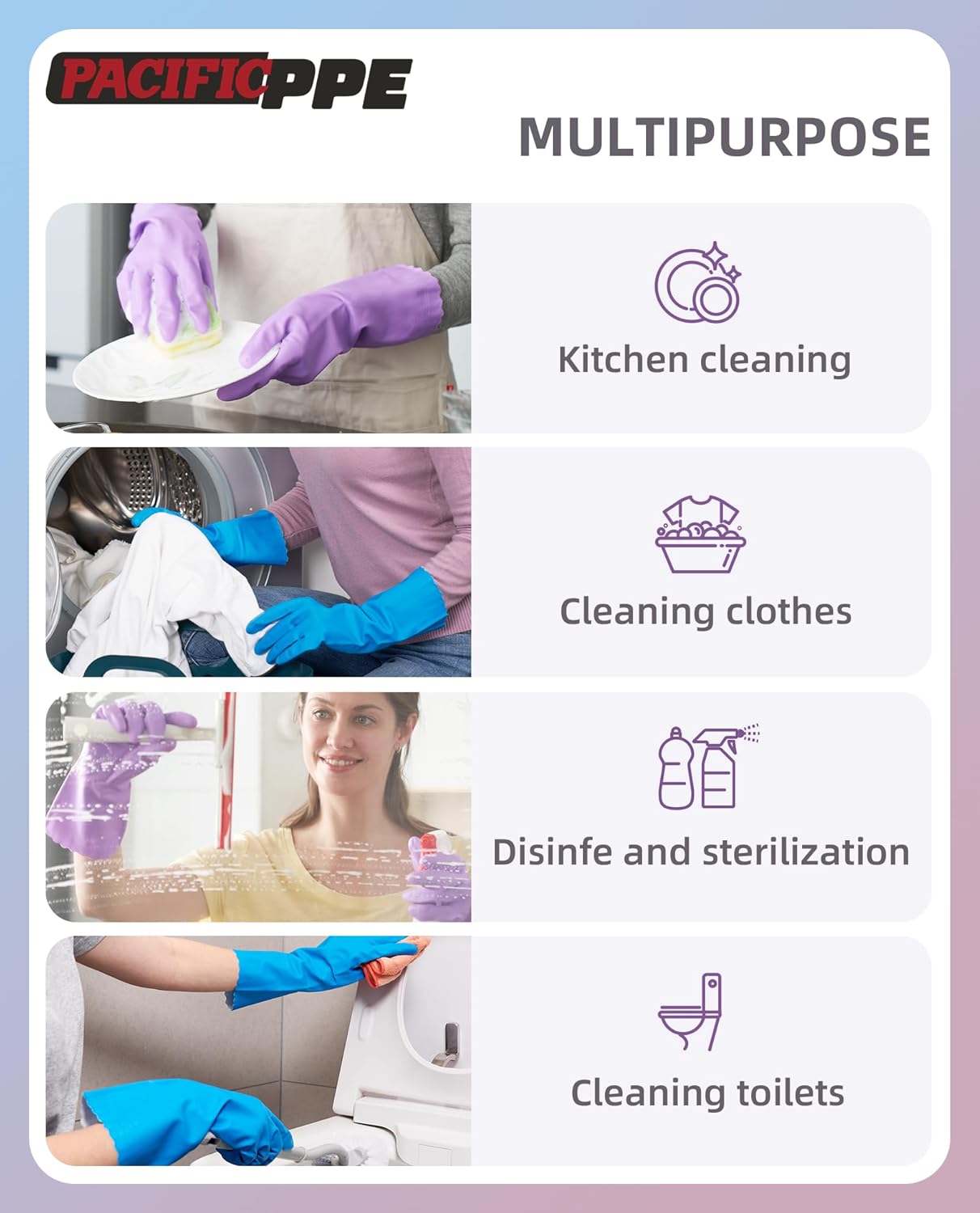 PACIFIC PPE 4 Pairs Reusable Dishwashing Cleaning Gloves, Household, Kitchen, Cotton Liner, Blue, Small