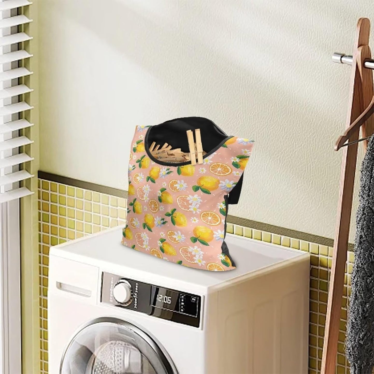 Lemon Print Clothespin Holder with Hanger Hook - Space-Saving Indoor and Outdoor Clothespin Organizer