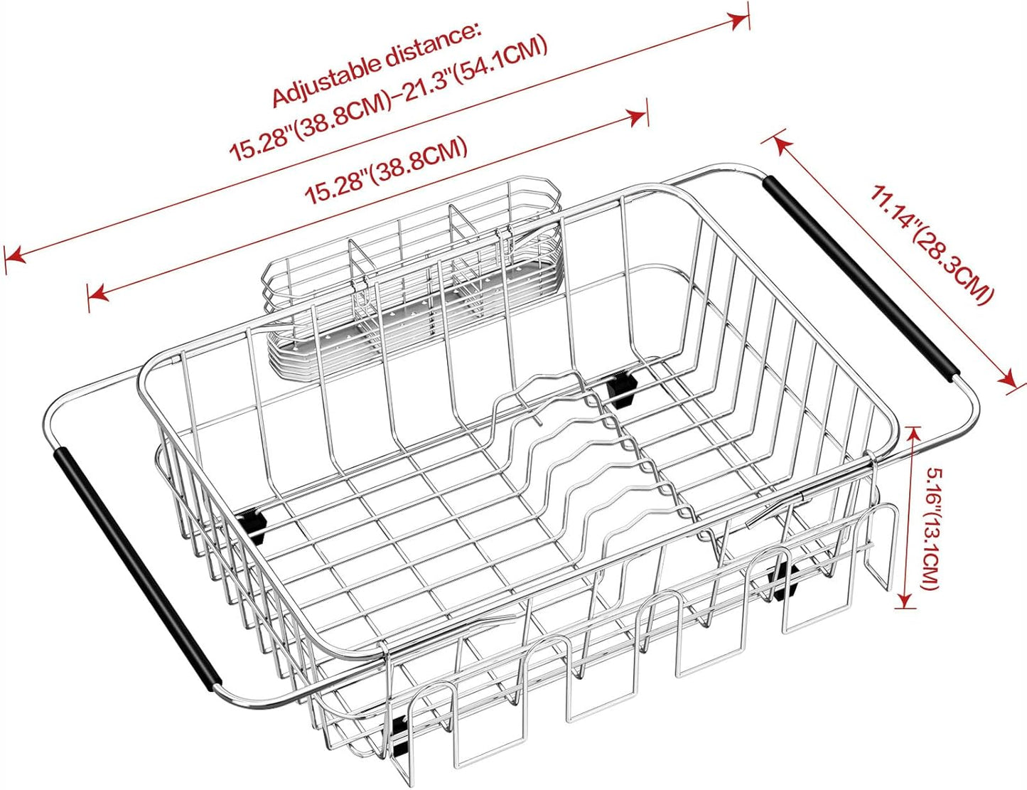 Dish Drying Rack in Sink, Extendable Stainless Steel Dish Drainers for Kitchen Counter, Anti-Rust Dish Dryer Rack with Utensil & Cup Holders, for Inside Sink, Over The Sink