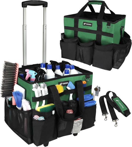 Large Rolling Cleaning Caddy Bag with Wheels, Cleaning Bag with Detachable Trolley, Cleaning Bags on Wheels for Housekeepers, Cleaning Cart Supplies Organizer for Home, Car, Picnic (Green)