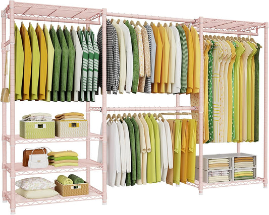 Ulif E1 Heavy Duty Closet Garment Rack, 6 Tiers Adjustable Metal Freestanding Expandable Clothing Storage with 4 Hanger Rods, Easy to Assemble Wardrobe, 71.4" H x (70" - 88.2") L x 14" D, Pink
