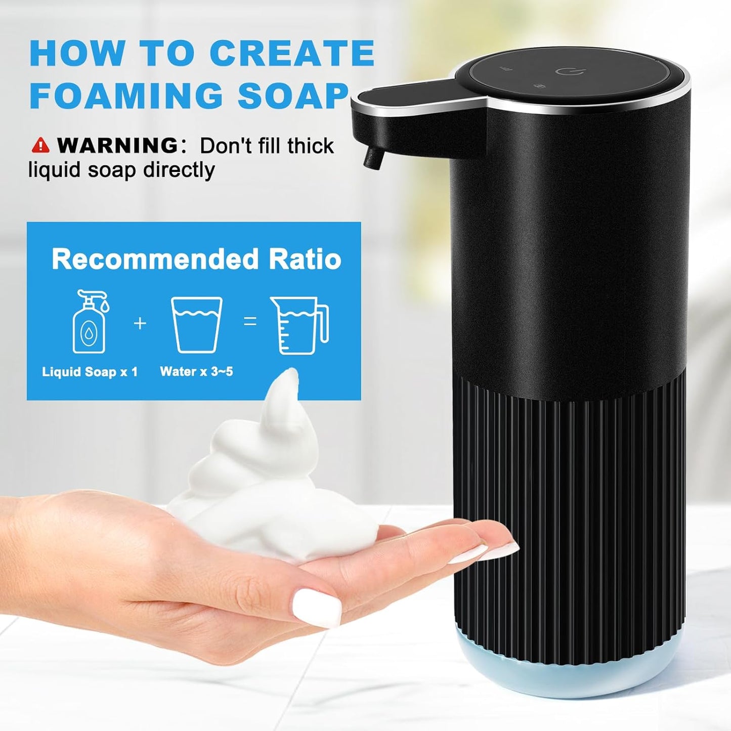 Automatic Foaming Soap Dispenser, 2 Pack Black Touchless Foam Hand Soap Dispenser Bathroom, 13.5 Fl Oz Plastic Electric Auto Foaming Dish Soap Dispensers Wall Mount for Kitchen