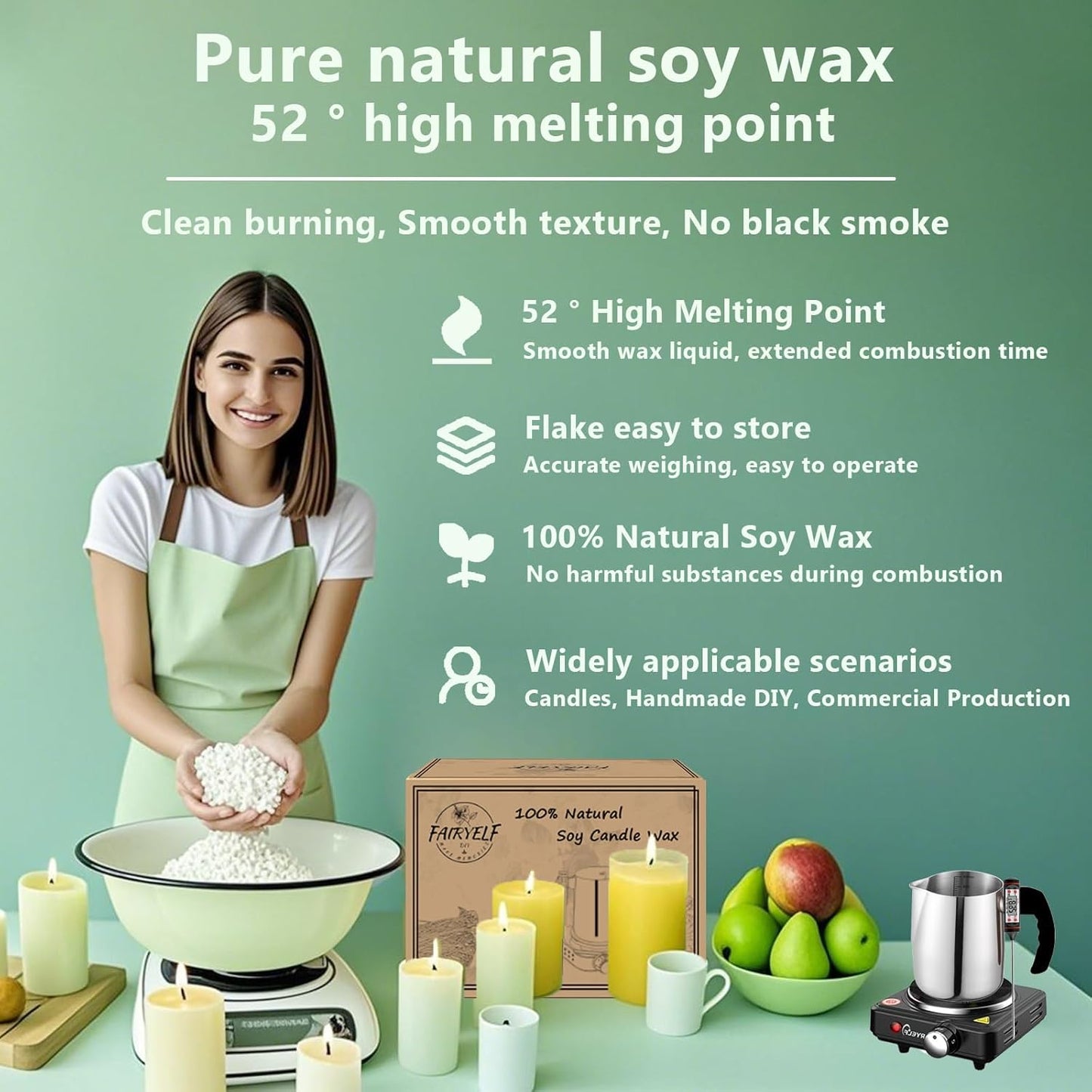 Soy Wax Candle Making Kit Supplies With Wax Melter, Natural Candle Wax for Candle Making - DIY Candles Making Supplies, Including 3lbs Soy Wax Flakes, Melting Pot, Electric Stove, Candle Wick