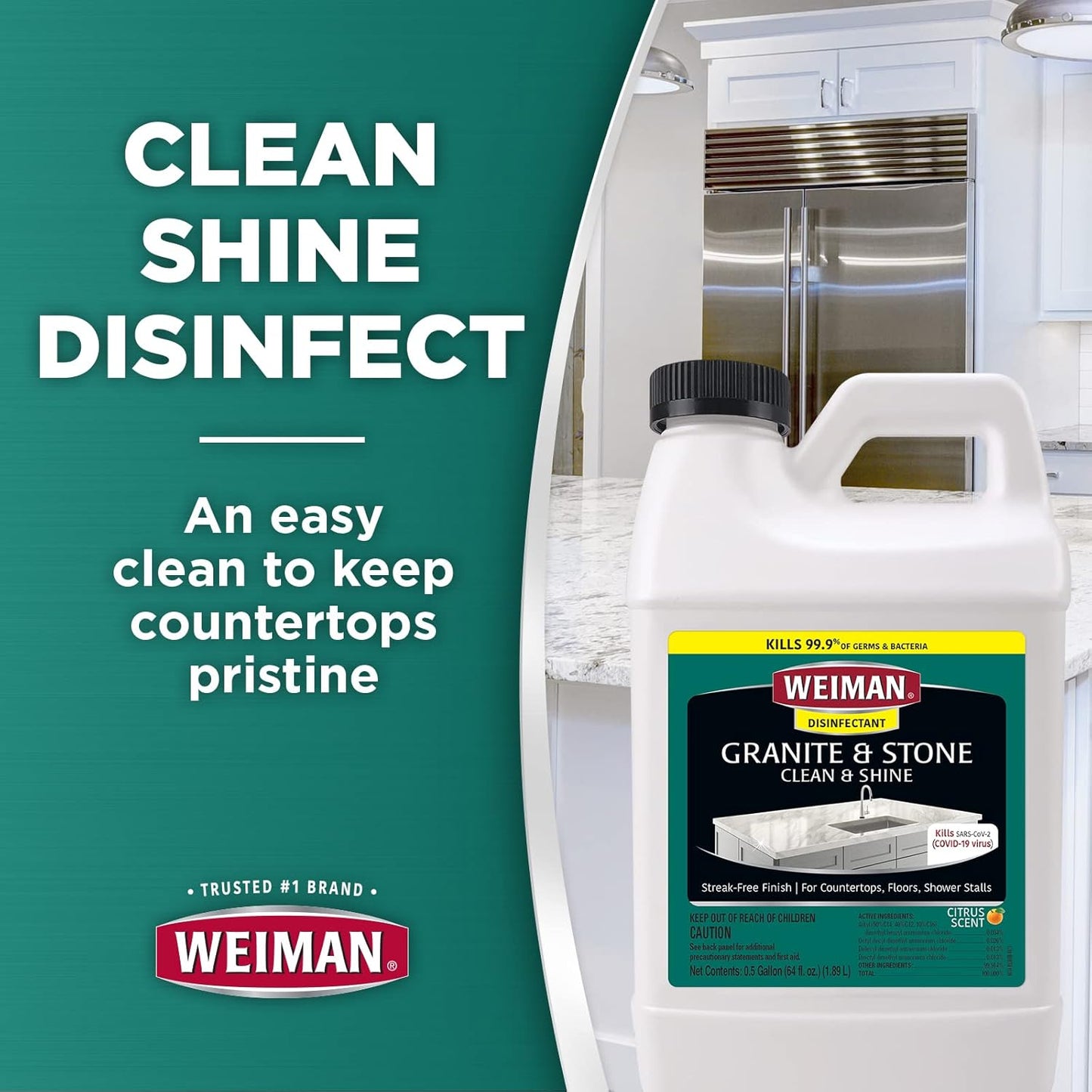 Weiman Disinfecting Granite Daily Clean & Shine Refill, 64 Oz - Safely Clean Disinfect and Shine Granite Marble Soapstone Quartz Quartzite Slate Limestone Corian Laminate Tile Countertop