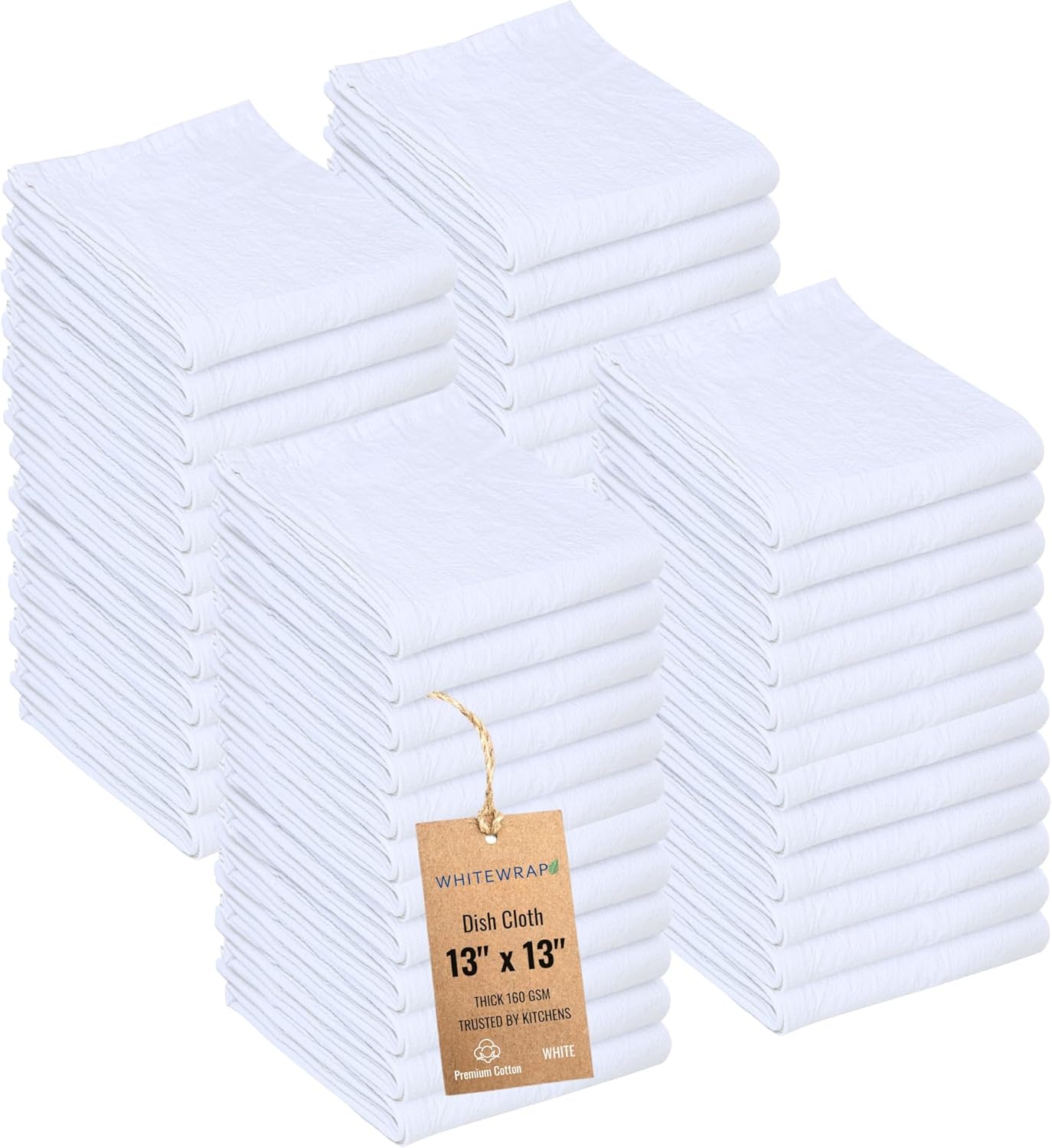Dish Cloths Cotton| Kitchen Wash Cloth| Shop Towels Absorbent and Lint Free Flour Sack| Dishcloths for Kitchen Washing Dishes|Thick Absorbent Quick Dry Dish Rags | 50 Pack 13"x13" White