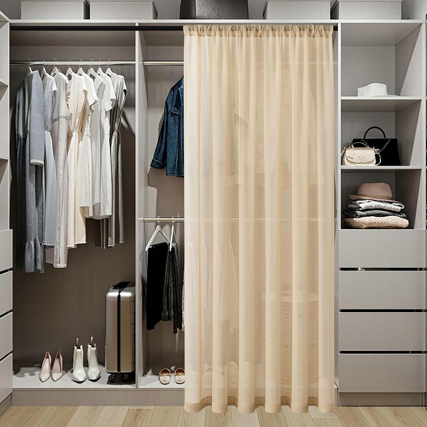 Tollpiz Sheer Curtain Closet Linen Textured Curtain Sheers Doorway Light Filtering Voile French Door Rod Pocket Curtains Patio Glass Door, 25 x 80 inches Long, Beige, Set of 1 Panel