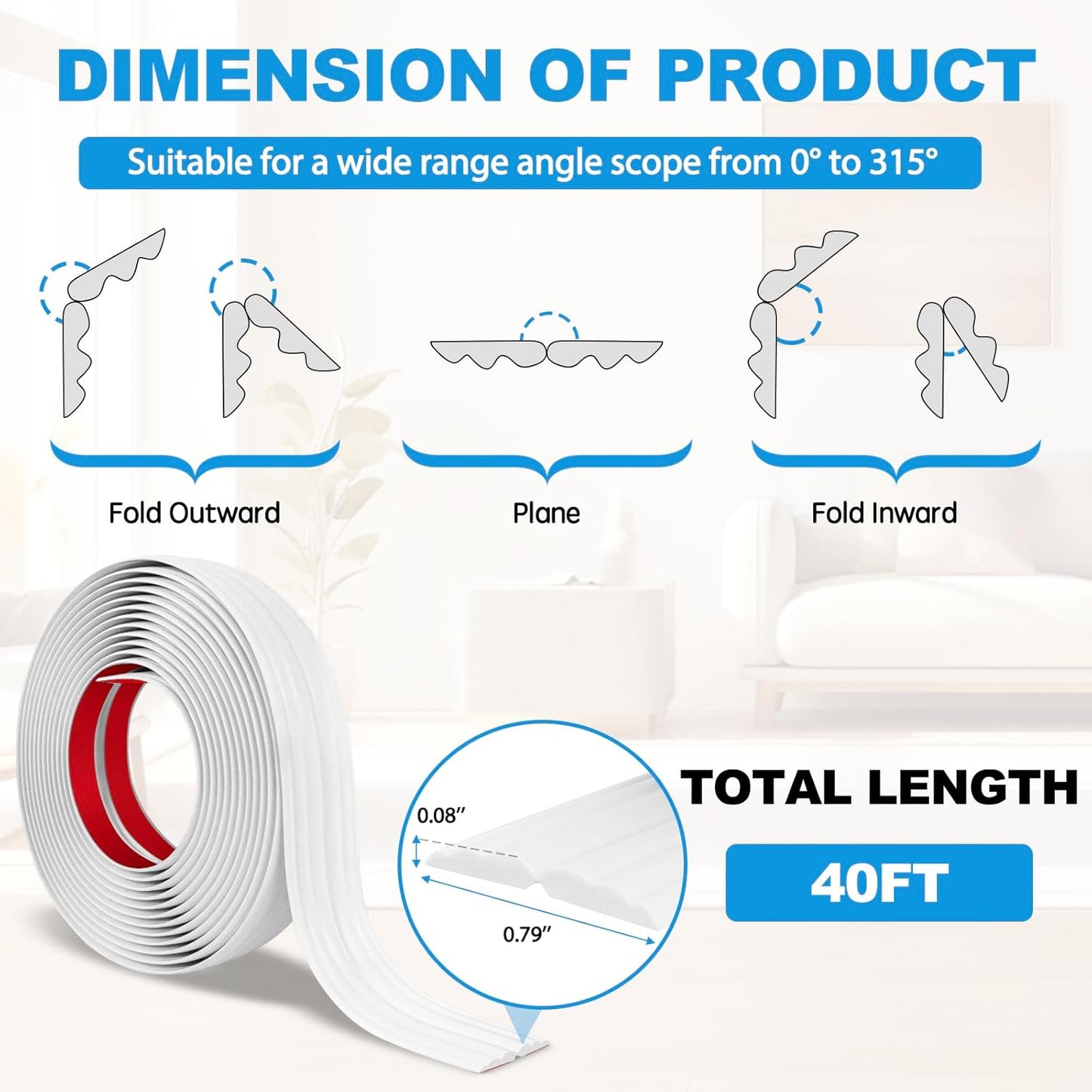 Wall Corner Protector Peel and Stick Corner Trim Molding Flexible Inside & Outside Wall Edge Guard Self Adhesive Moulding Trim for Edge Use, White, 0.8” W x 40’ L