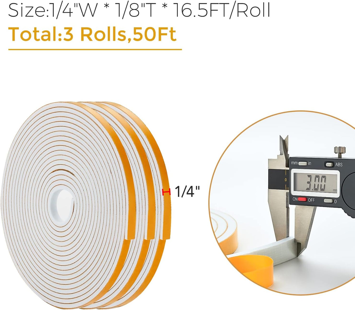 50 Feet Weather Stripping Door Seal, 1/4" Wide X 1/8" Thick Door Seal Strip High Density Foam Tape Adhesive Strip for Door Soundproofing,Window Insulation (1/4" x 1/8" x 50FT,White)