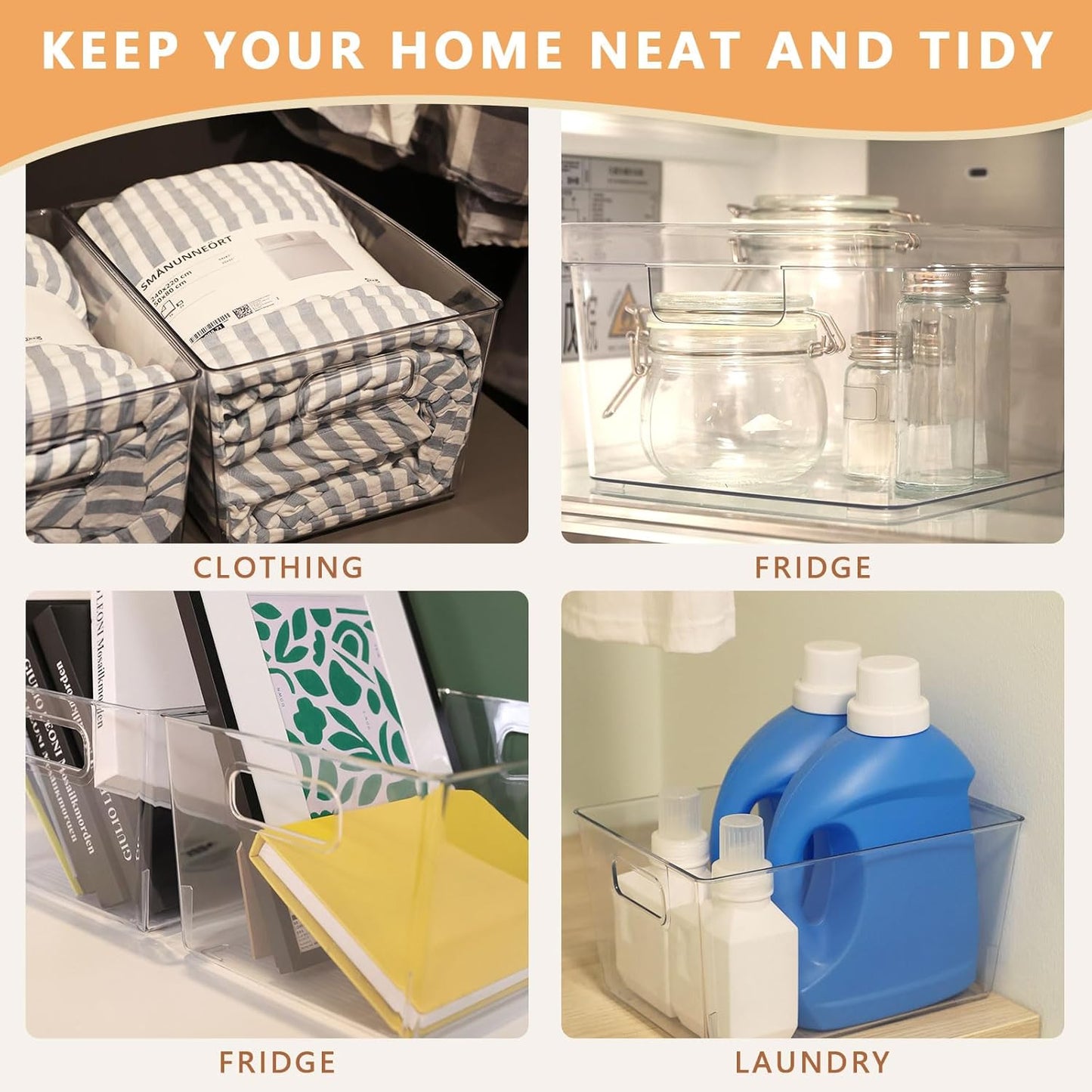 MOONEDGE 6-Pack Clear Plastic Storage Bins — Open-Top PET Storage Containers & Organizers, 11" x 8" x 6" Storage Bins for Closet, Pantry, Office, Craft, Toy and Bathroom Organization