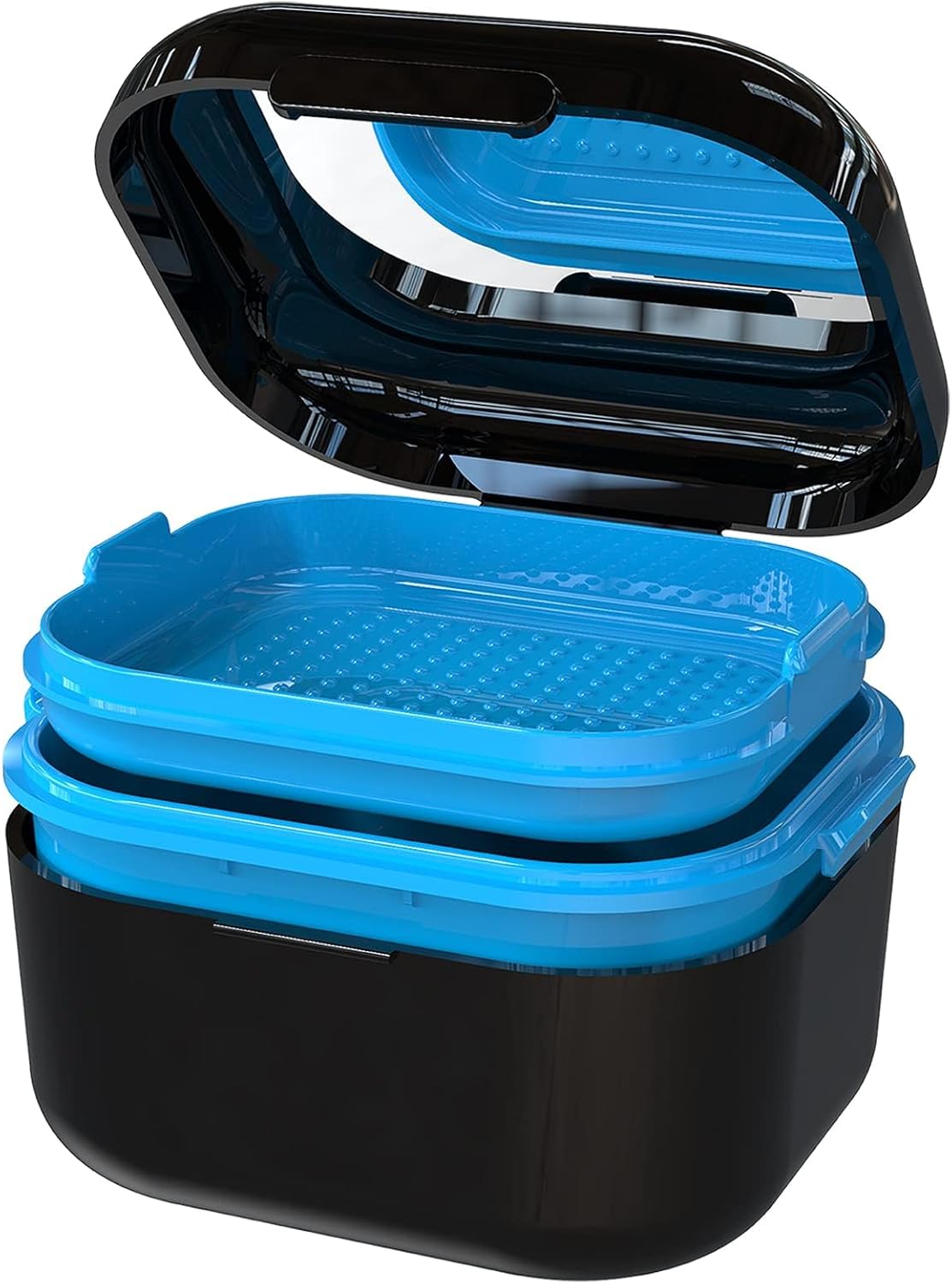 BVN Denture Bath Denture Case: Denture Cup for Soaking Dentures, Retainer Cleaner Case with Mirror, Mouth Guard Case, Aligner Case, Retainer Holder, Night Guard Case, False Teeth Container Black