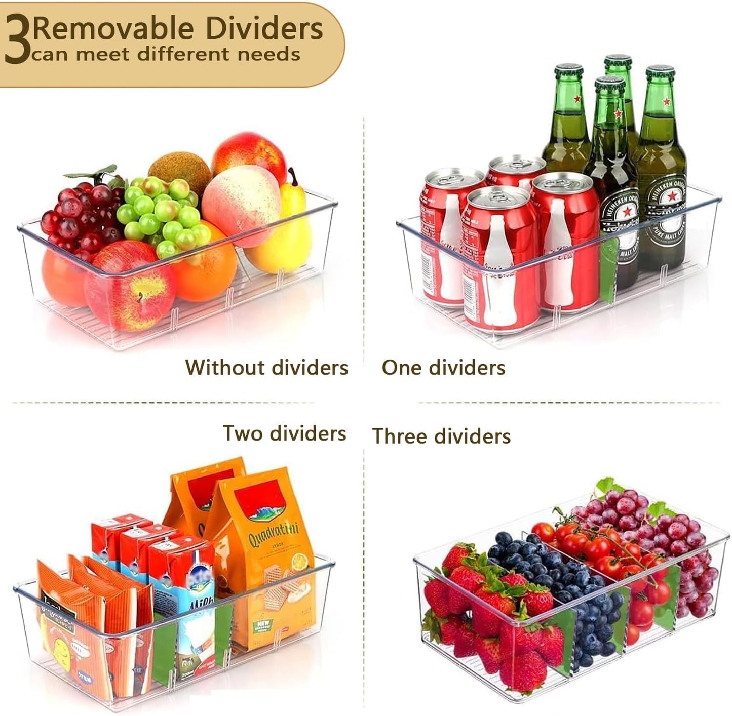 Pantry Organizers and Storage,Kitchen Organizers and Storage for Fridge,Drawer and Refrigerator - Spice Organization for Cabinet,Clear Plastic Stackable Organizer Bins with 3 Dividers (7 Pcs)