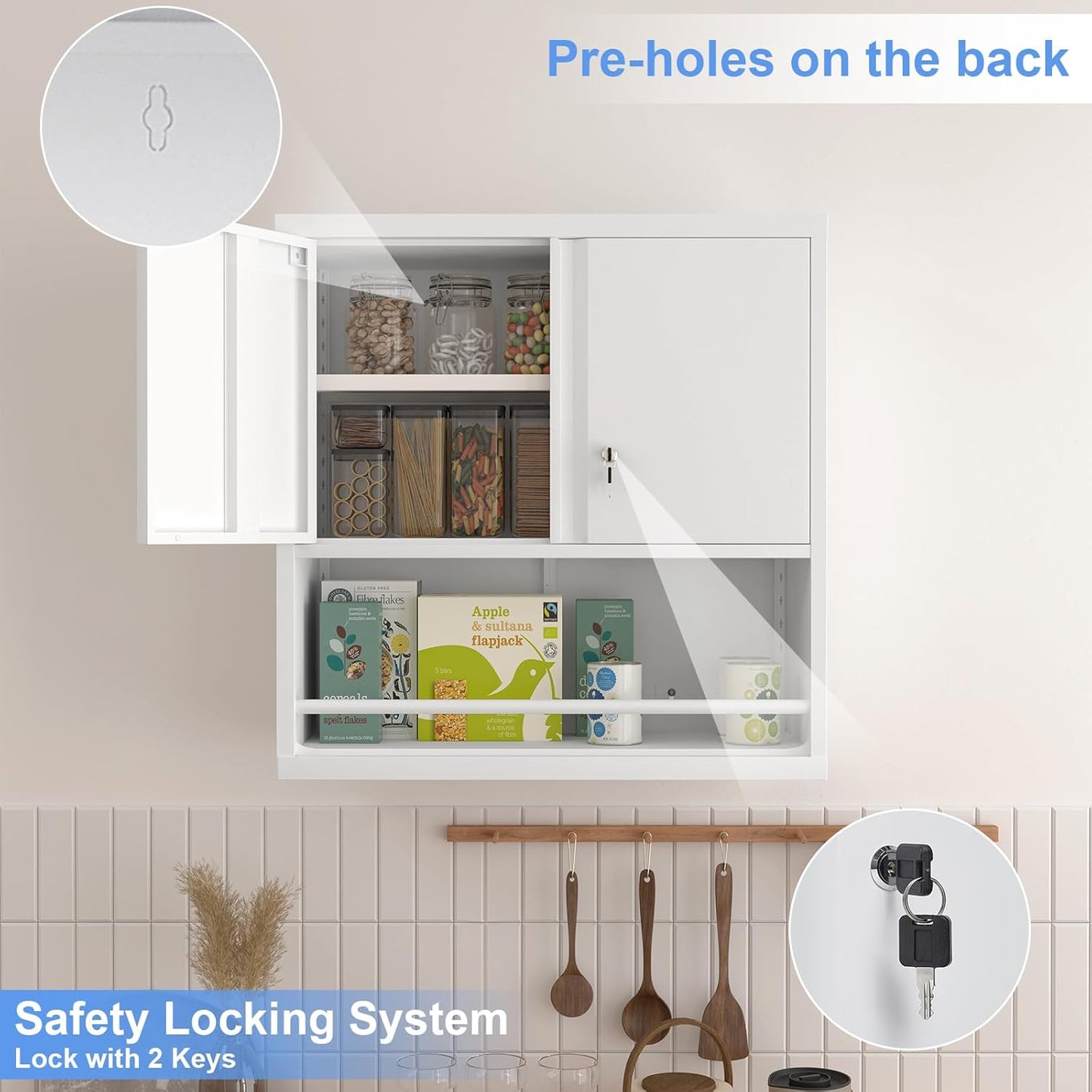 Metal Wall Storage Cabinet, Steel Storage Cabinets with Locking Doors and Shelves, Hanging Cabinet with Guard Bar, Ideal for Kitchen, Laundry, Home Office