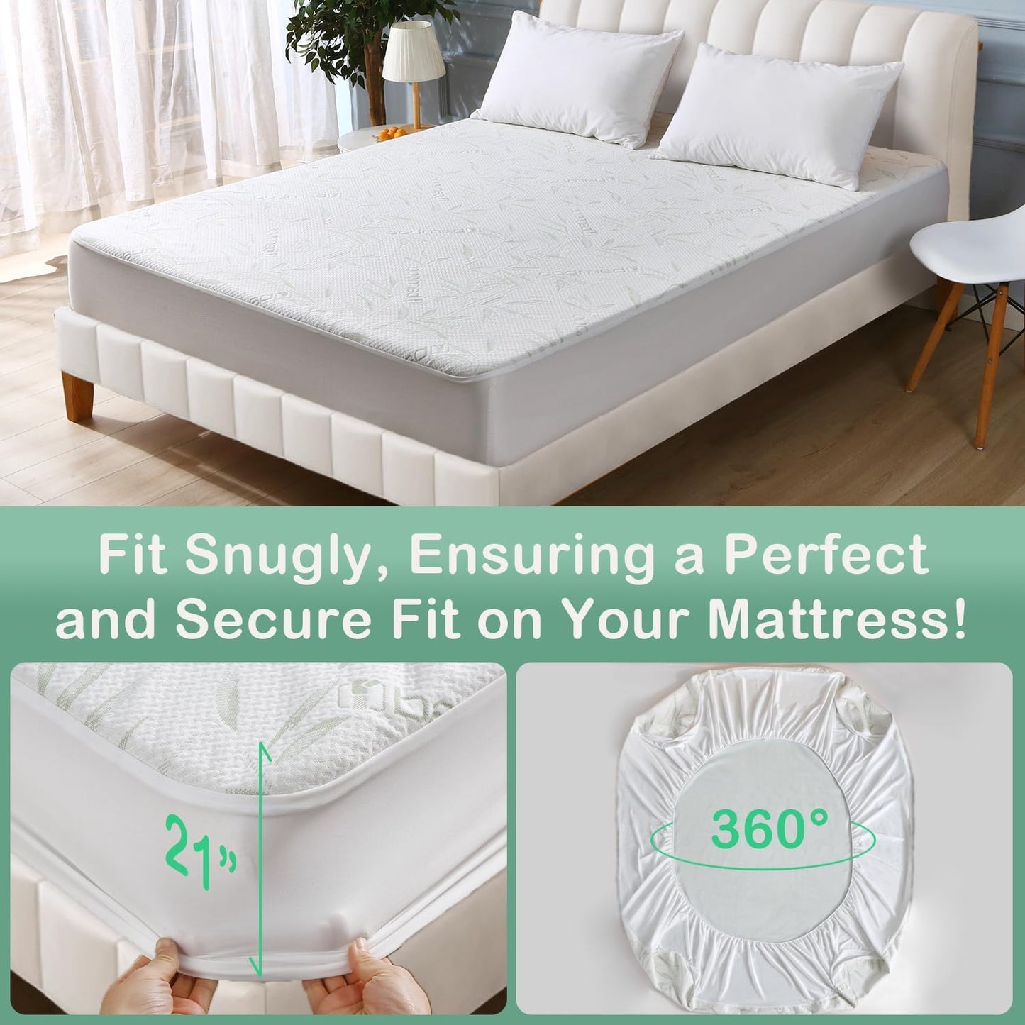 Twin Mattress Protector Waterproof Mattress Pad Washable Bamboo Rayon Mattress Cover Breathable Noiseless Bed Protector 5" - 21'' Elastic Fitted Deep Pocket