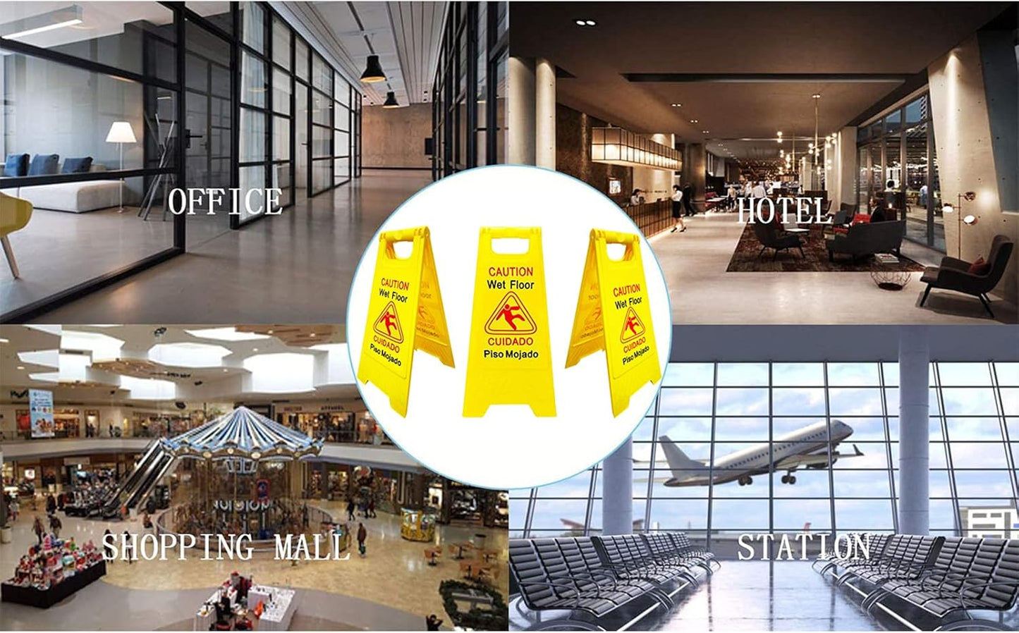 Displayforever 12 Packs Caution Wet Floor Signs for Restaurant, Restroom, Office 2-Sided Safety Bright Yellow Bilingual Sign Cuadado Piso Mojado Avoid Fall & Slip Accident