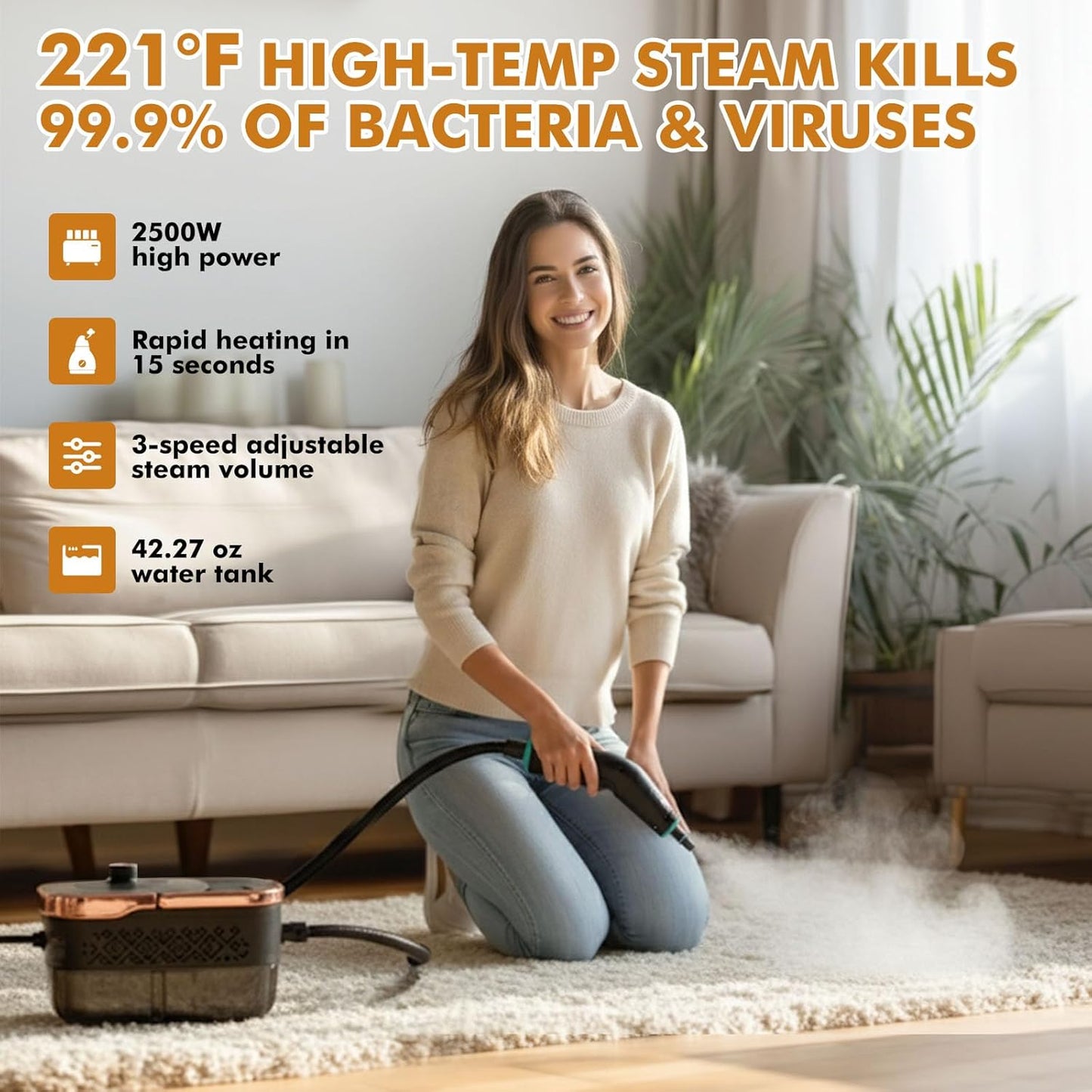 Handheld Steam Cleaner for Home,15s Heat-Up 42.27oz Tank,2500W Portable Steamer for Cleaning,with 15 pcs Accessories,Pressurized Steam Cleaner,Grease,Grout,Furniture,Bed Bugs,Floor,Couch and Car