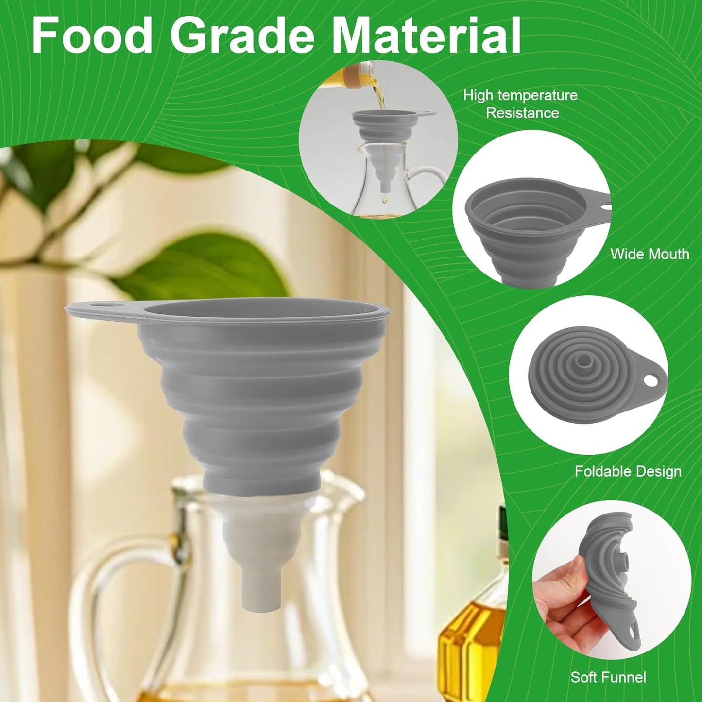 Kitchen Funnel Set, Food Grade Foldable Small and Large Funnel, Silicone Collapsible Funnels, Flexible Funnels for Kitchen Use Filling Bottles Liquid Powder Transfer Kitchen Gadgets Accessories, 4PCS